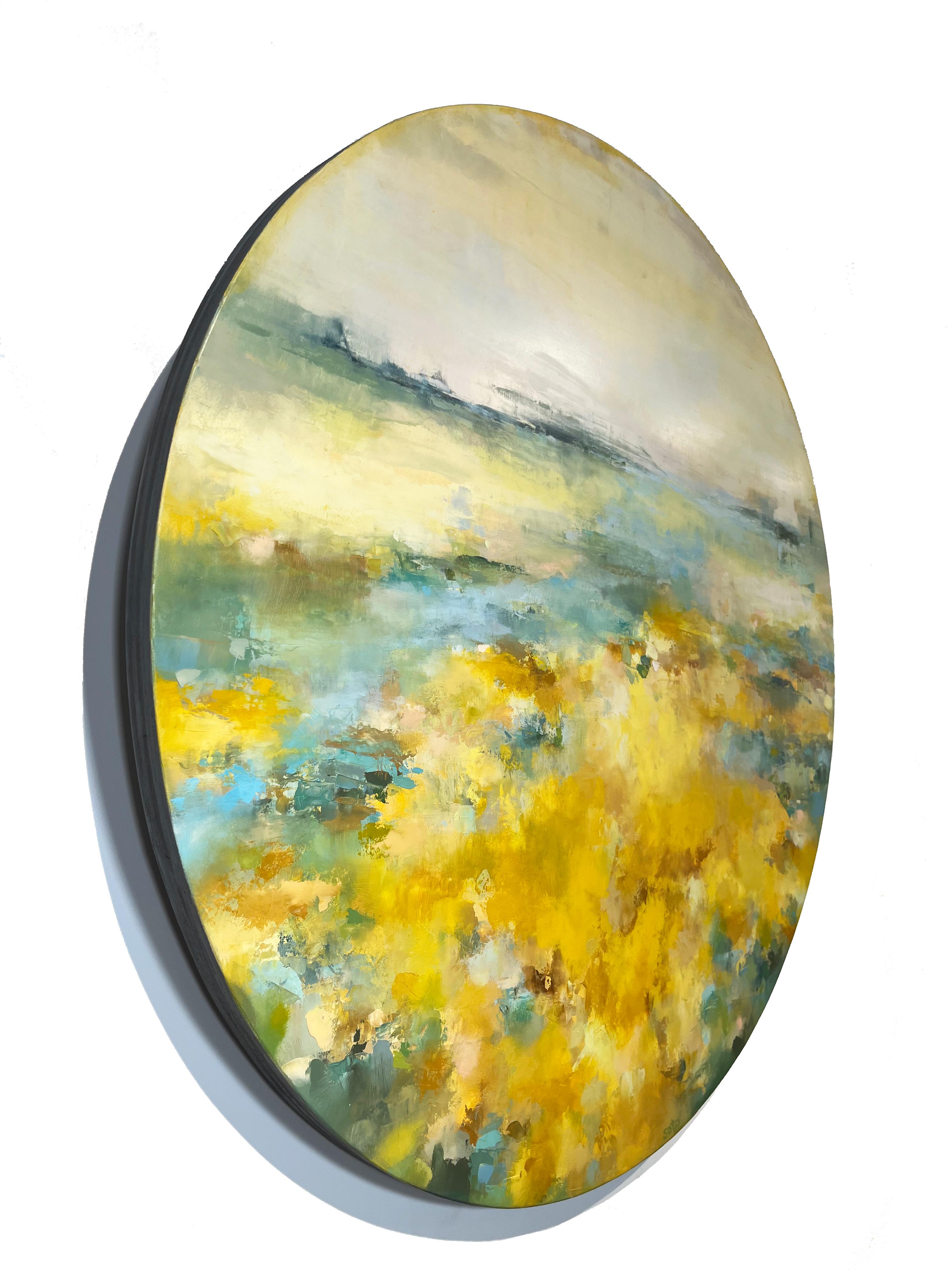 Walk in the forest, bold circular tondo landscape, oil & cold wax on panel - Painting by Tamara Soto