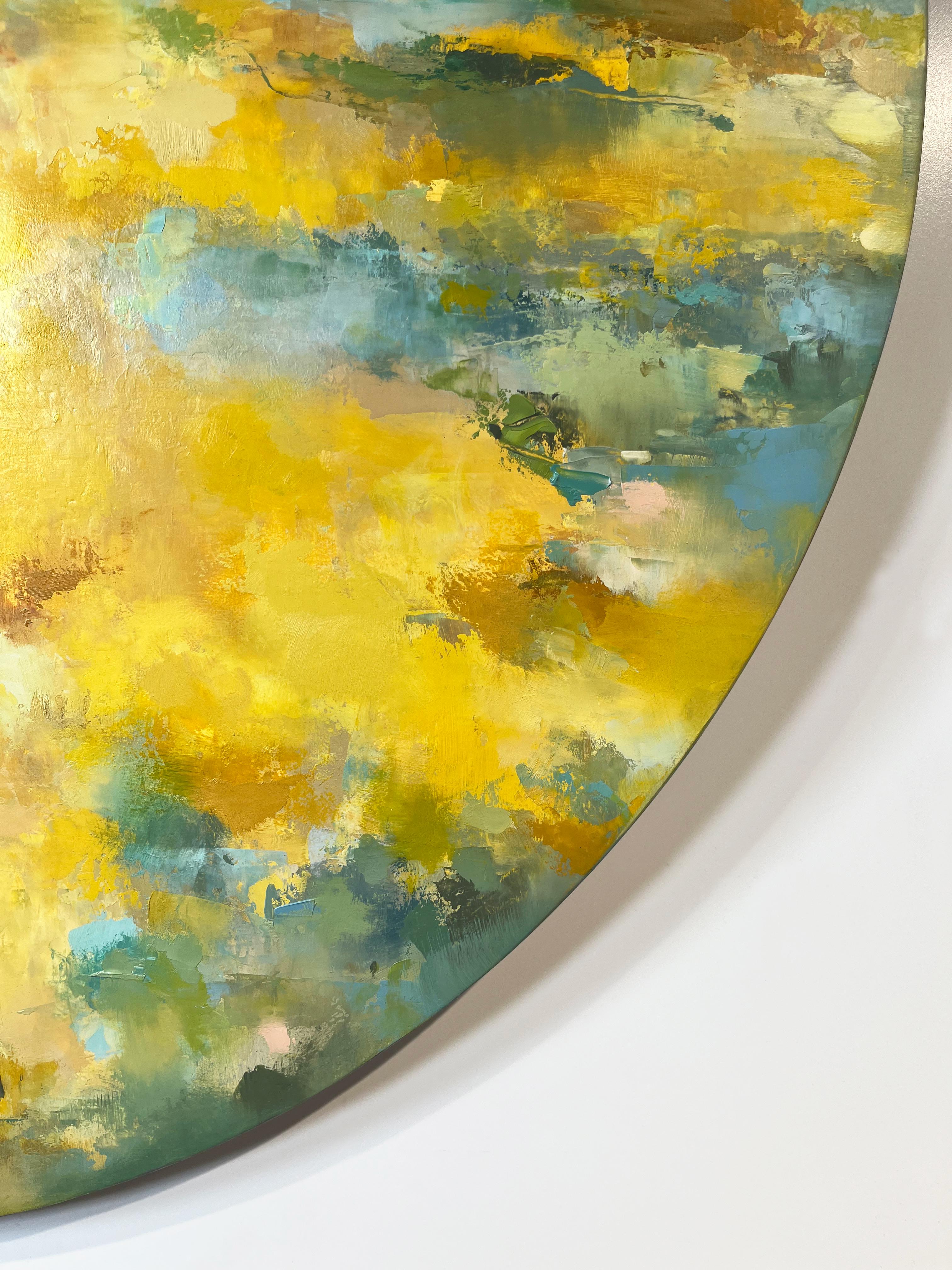 Walk in the forest, bold circular tondo landscape, oil & cold wax on panel - Beige Landscape Painting by Tamara Soto
