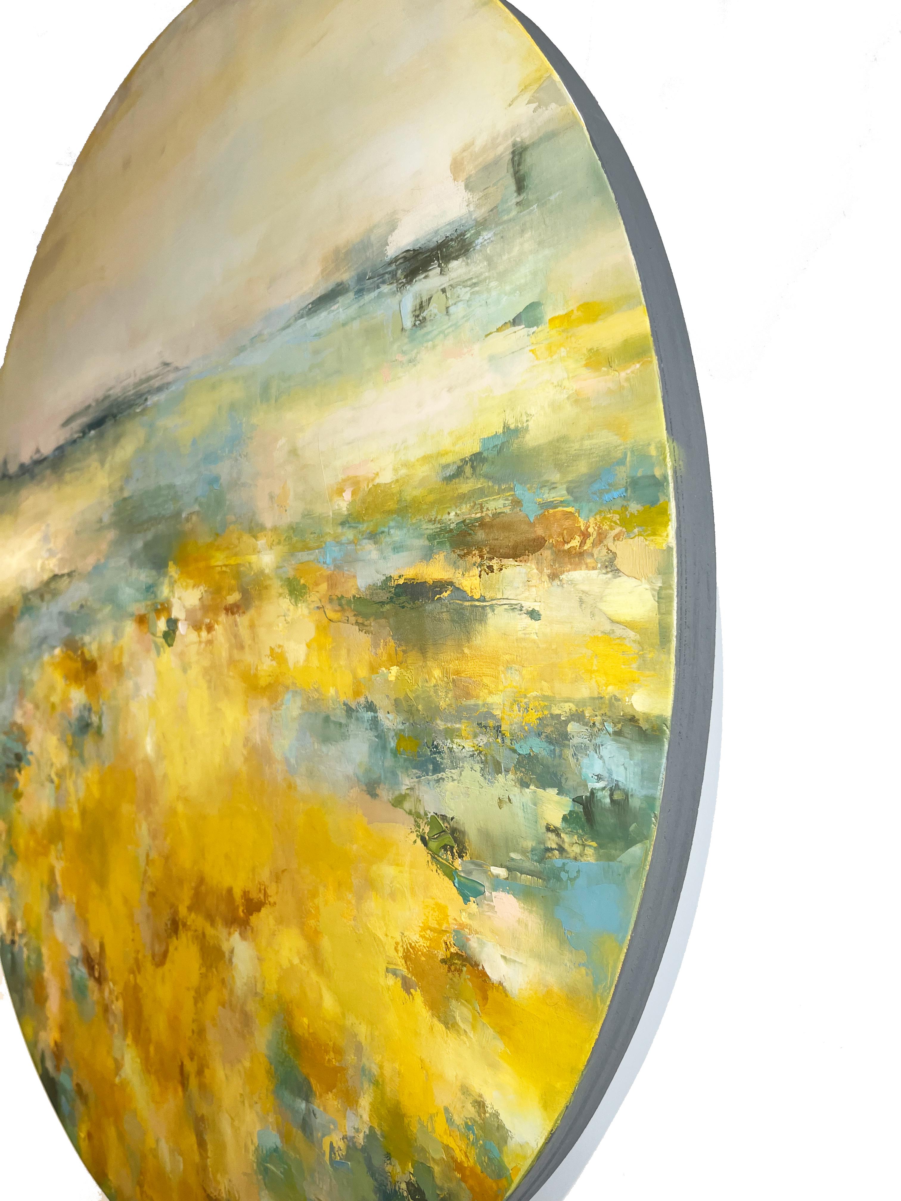 Walk in the forest, bold circular tondo landscape, oil & cold wax on panel For Sale 2