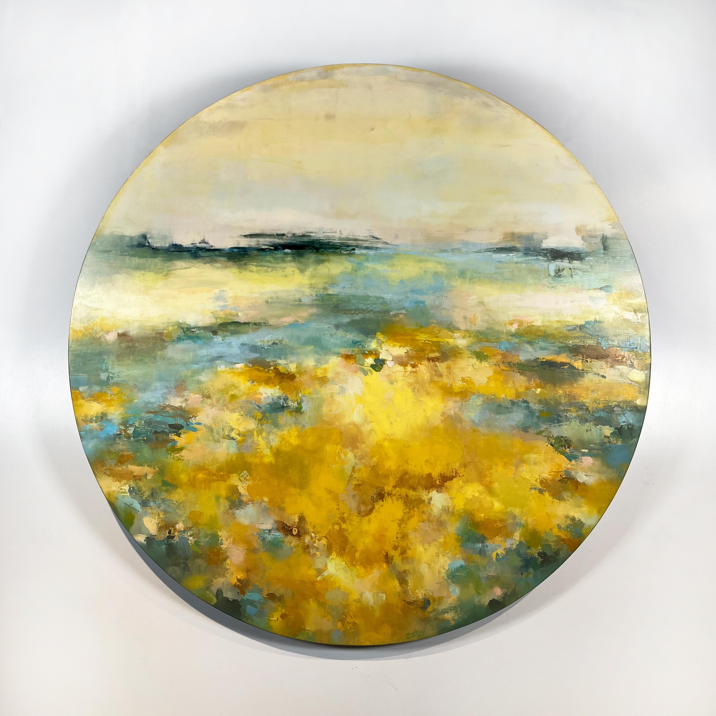 Walk in the forest, bold circular tondo landscape, oil & cold wax on panel