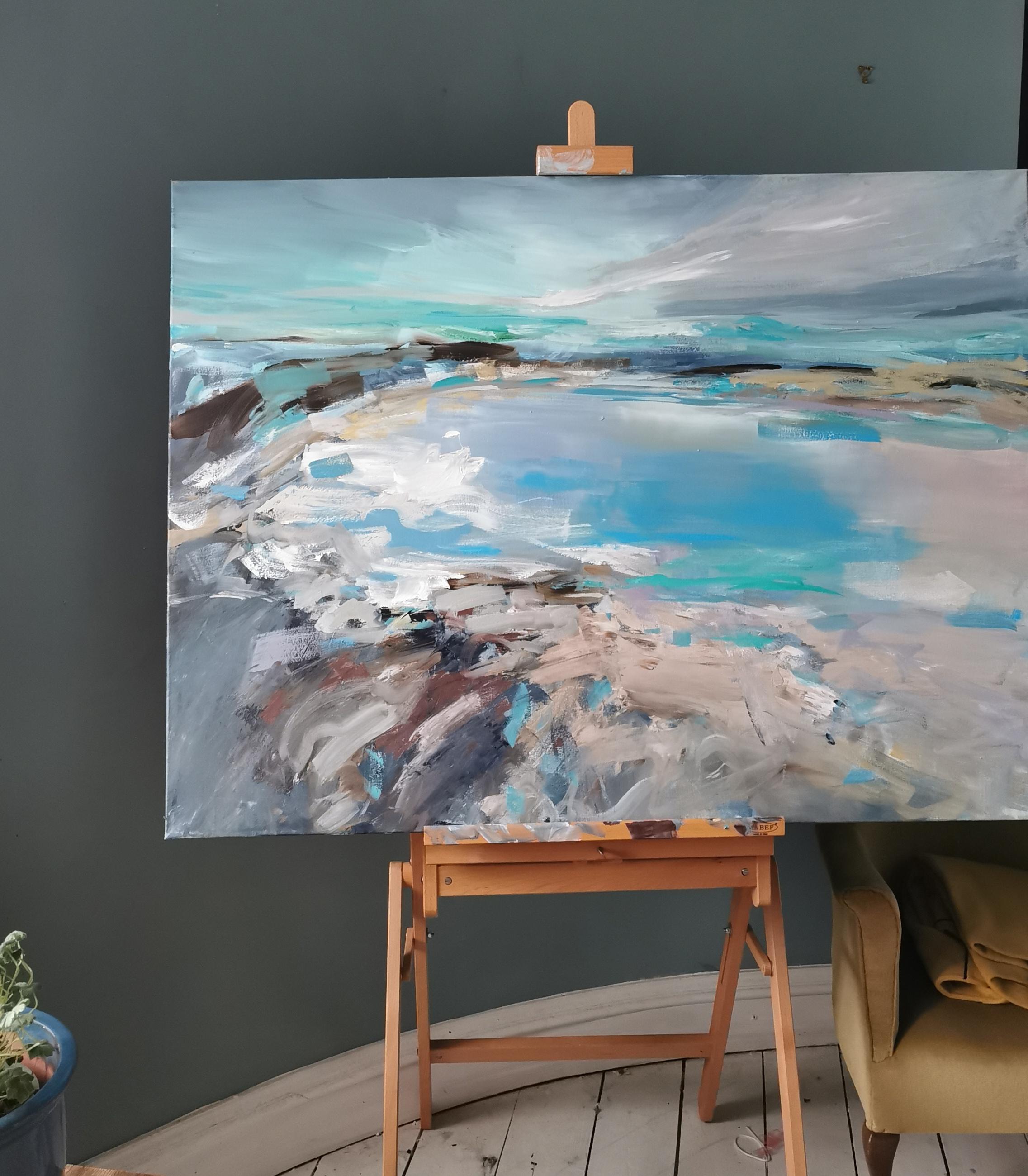 The artist said of the work: Painted initially based on the rocks looking over Loch Lomond, I then returned to my studio to complete this painting. It is atmospheric in its focus and I very much love its rich colour and capture of water and light
