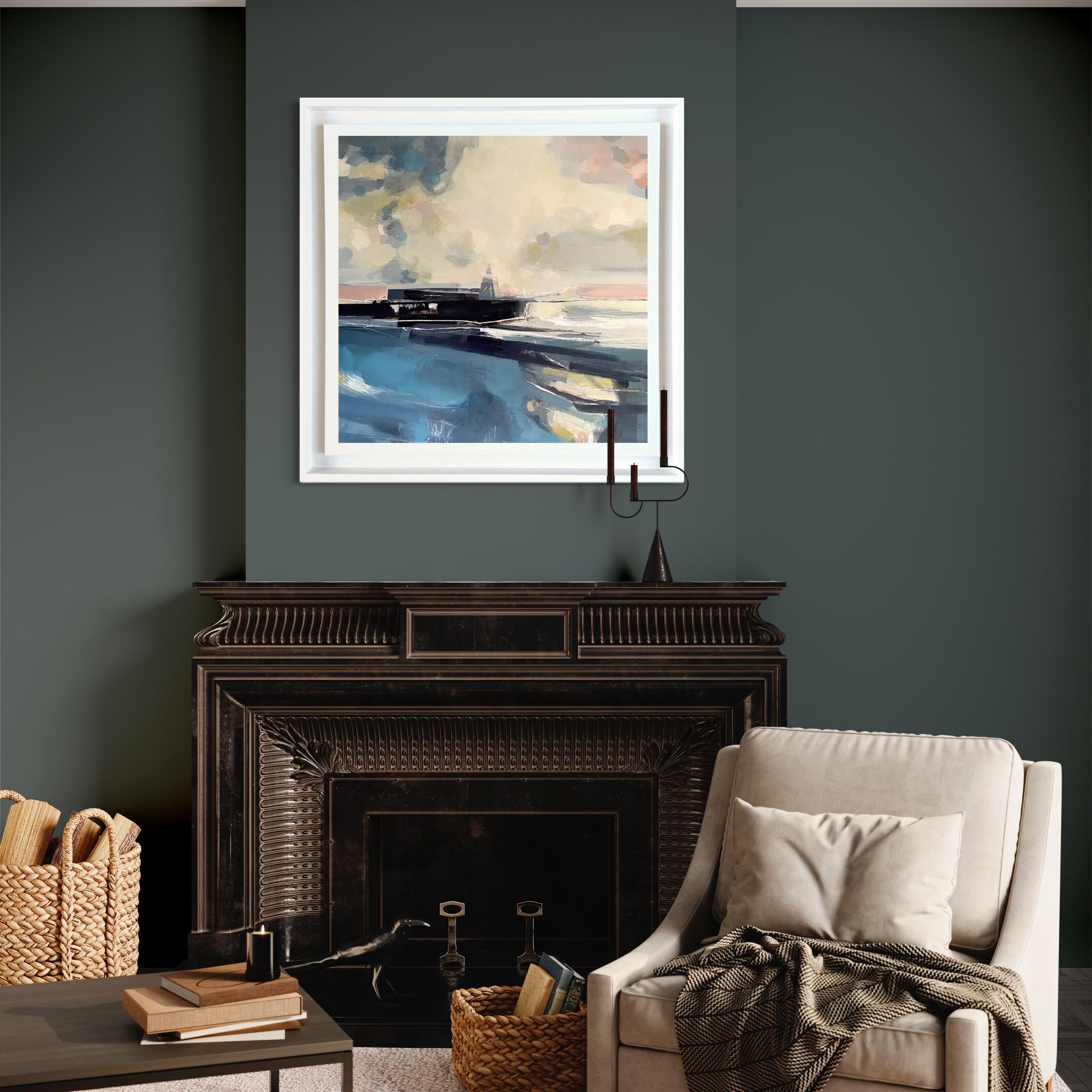 Hartland Watch, pintura semiabstracta de paisaje, arte del faro en venta 2