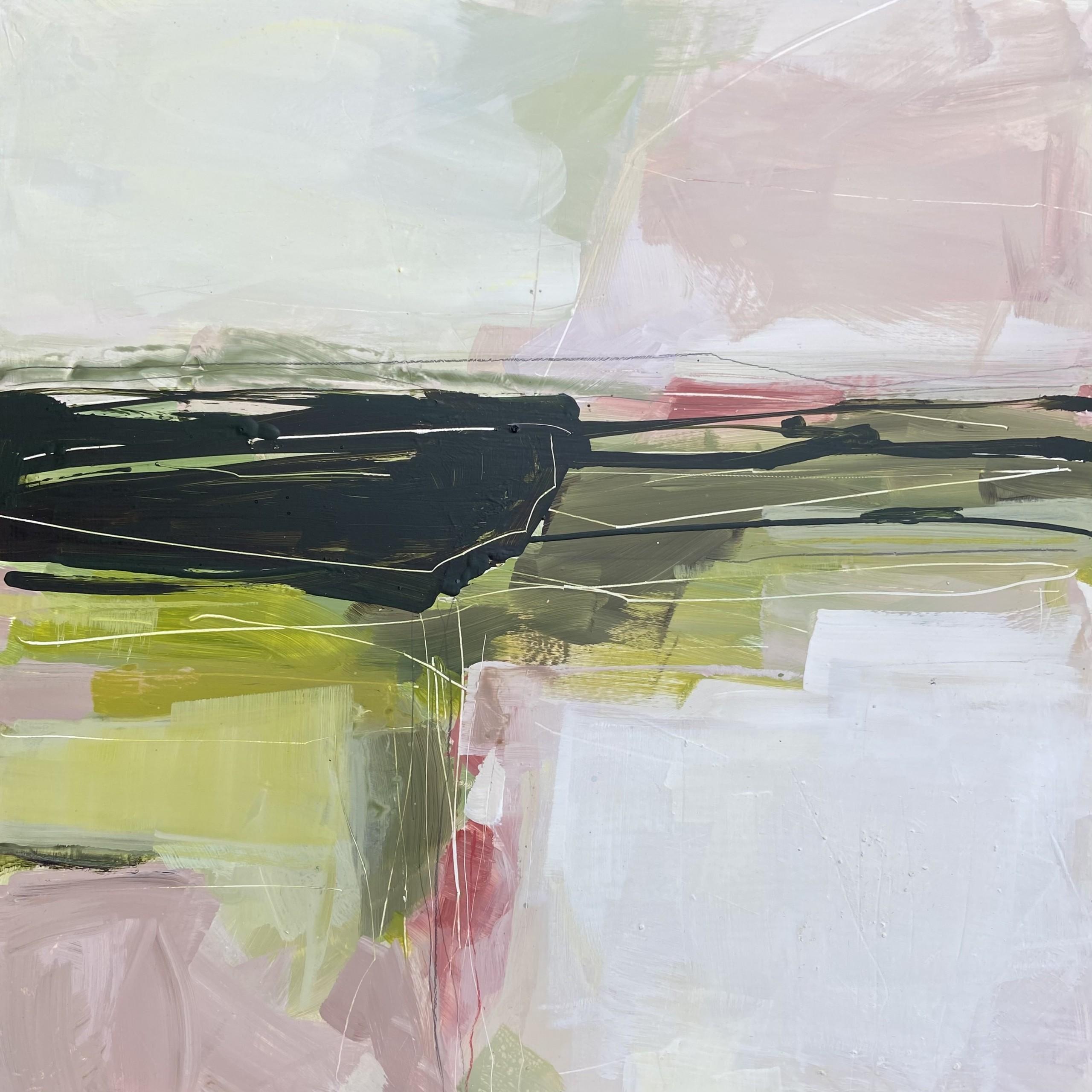 Silenzio, pittura paesaggistica simile a un arazzo,  Opera d'arte a tecnica mista semi-astratta