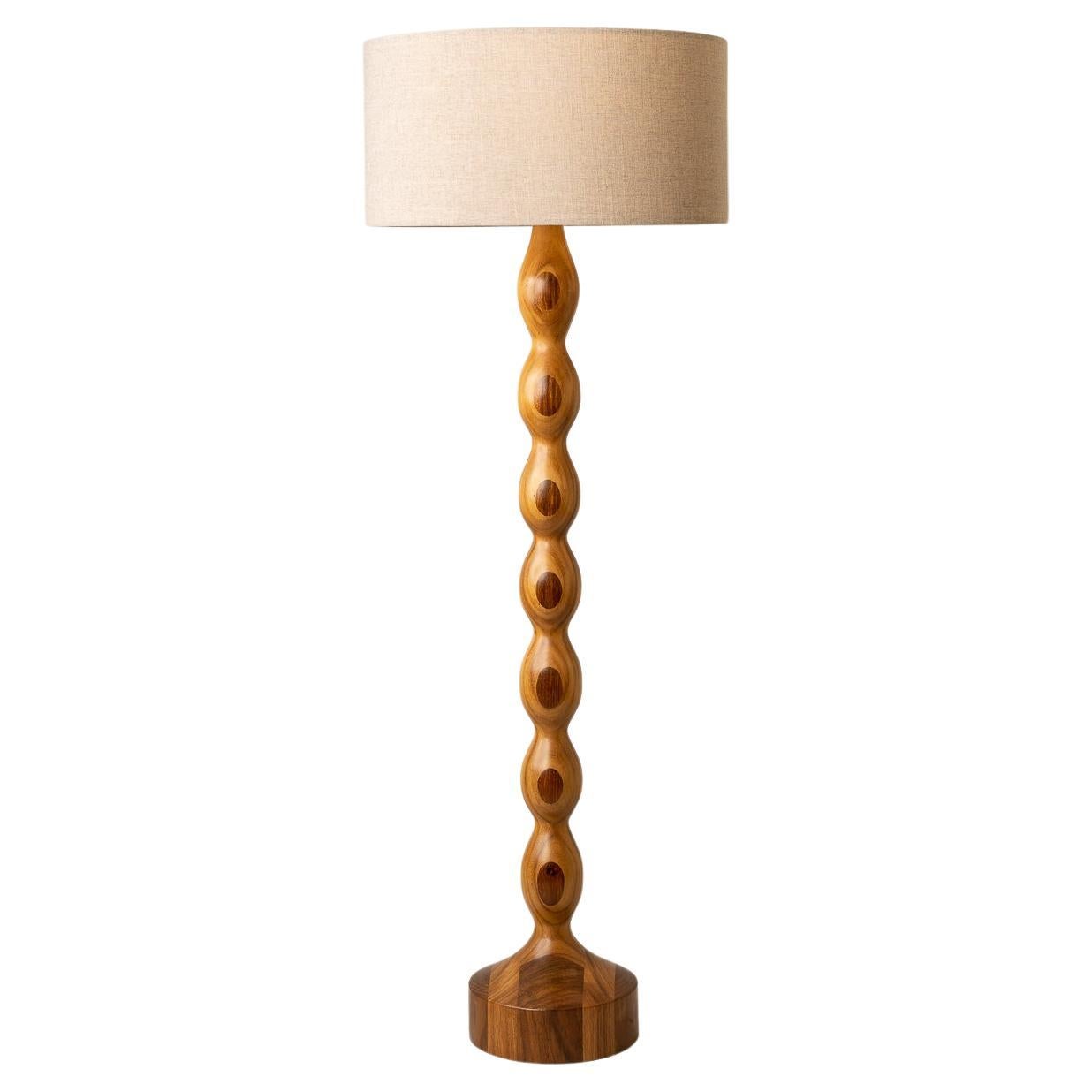 Organic Modern Floor Lamp Turned Parota Wood Fiberglass Shade