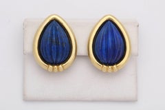 Tambetti 1980s Pear Shaped Fluted Lapis Lazuli Clip-On Gold Earrings