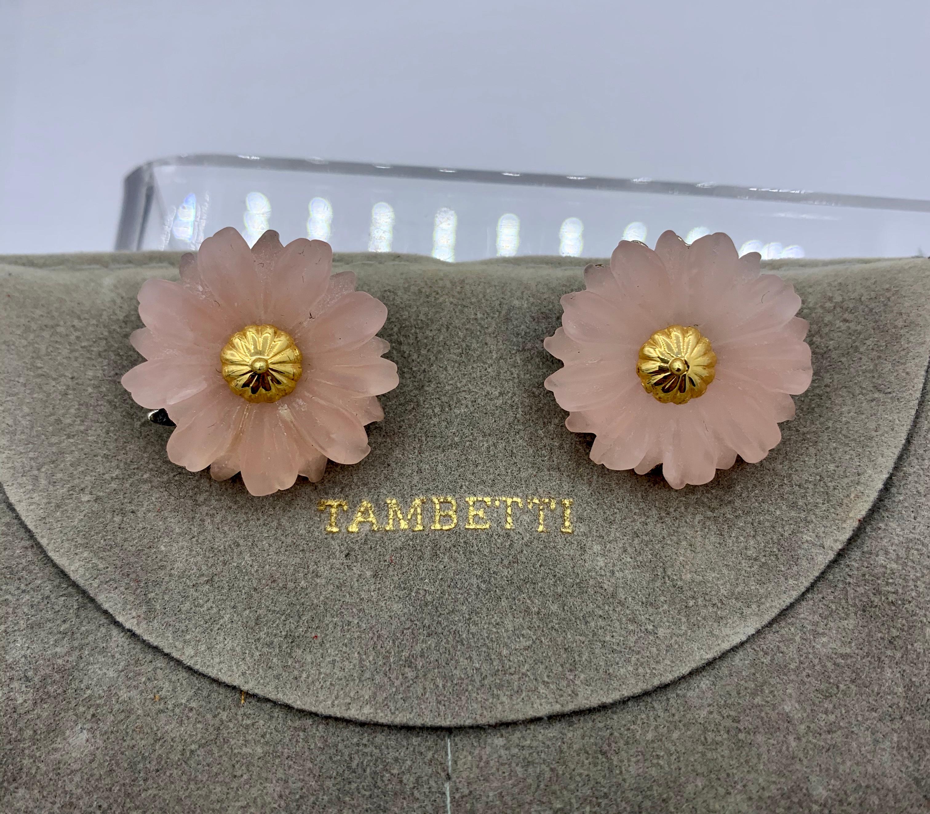 These are stunning signed Tambetti earring earclips in Rose Quartz each designed as a carved pink flower, set in the center with an 18 Karat Gold accent.  The earrings are guaranteed to be from the estate of the renowned British writer Barbara