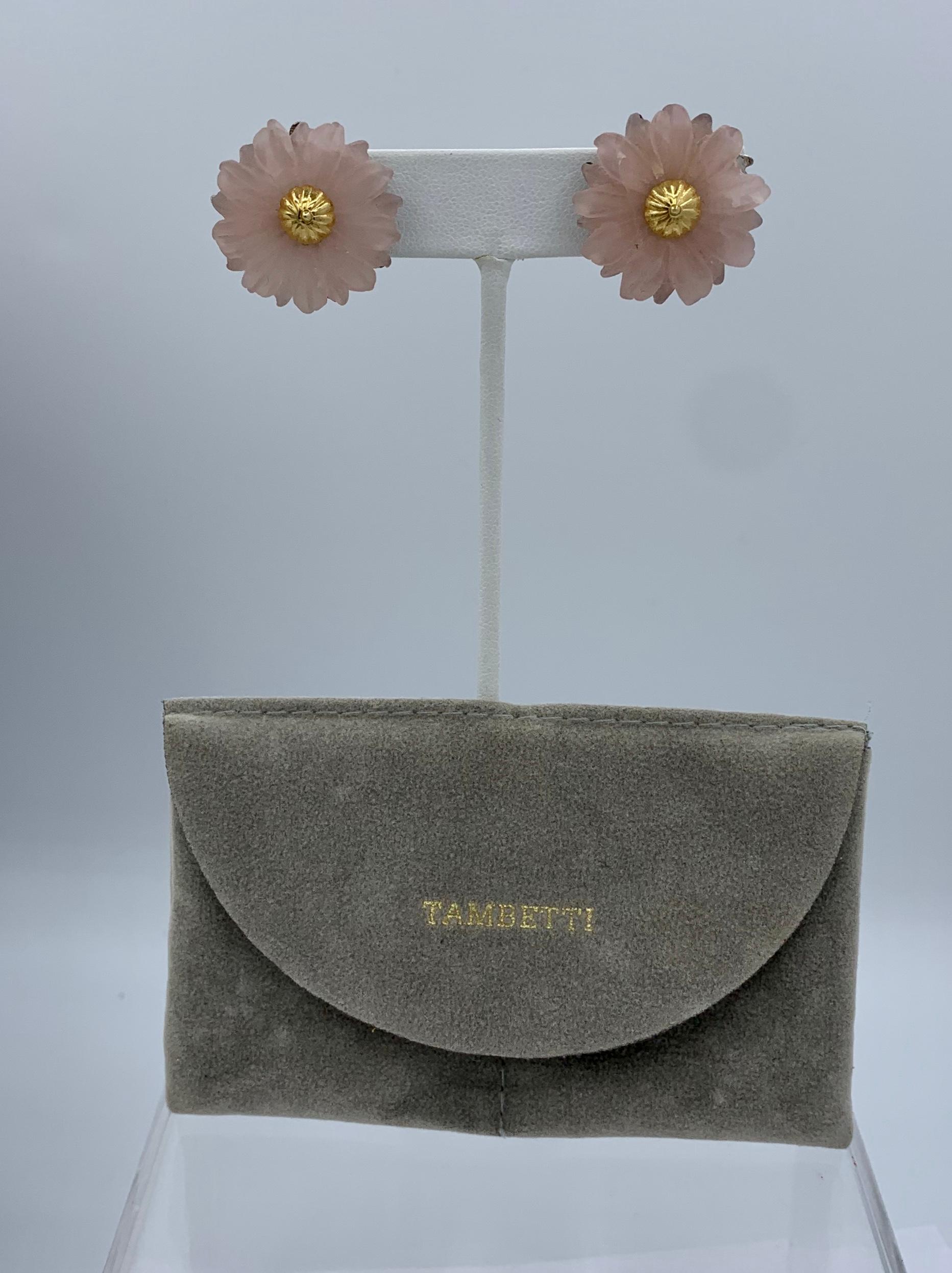 Tambetti Rose Quartz 18 Karat Gold Earrings Estate Barbara Taylor Bradford OBE In Good Condition For Sale In New York, NY
