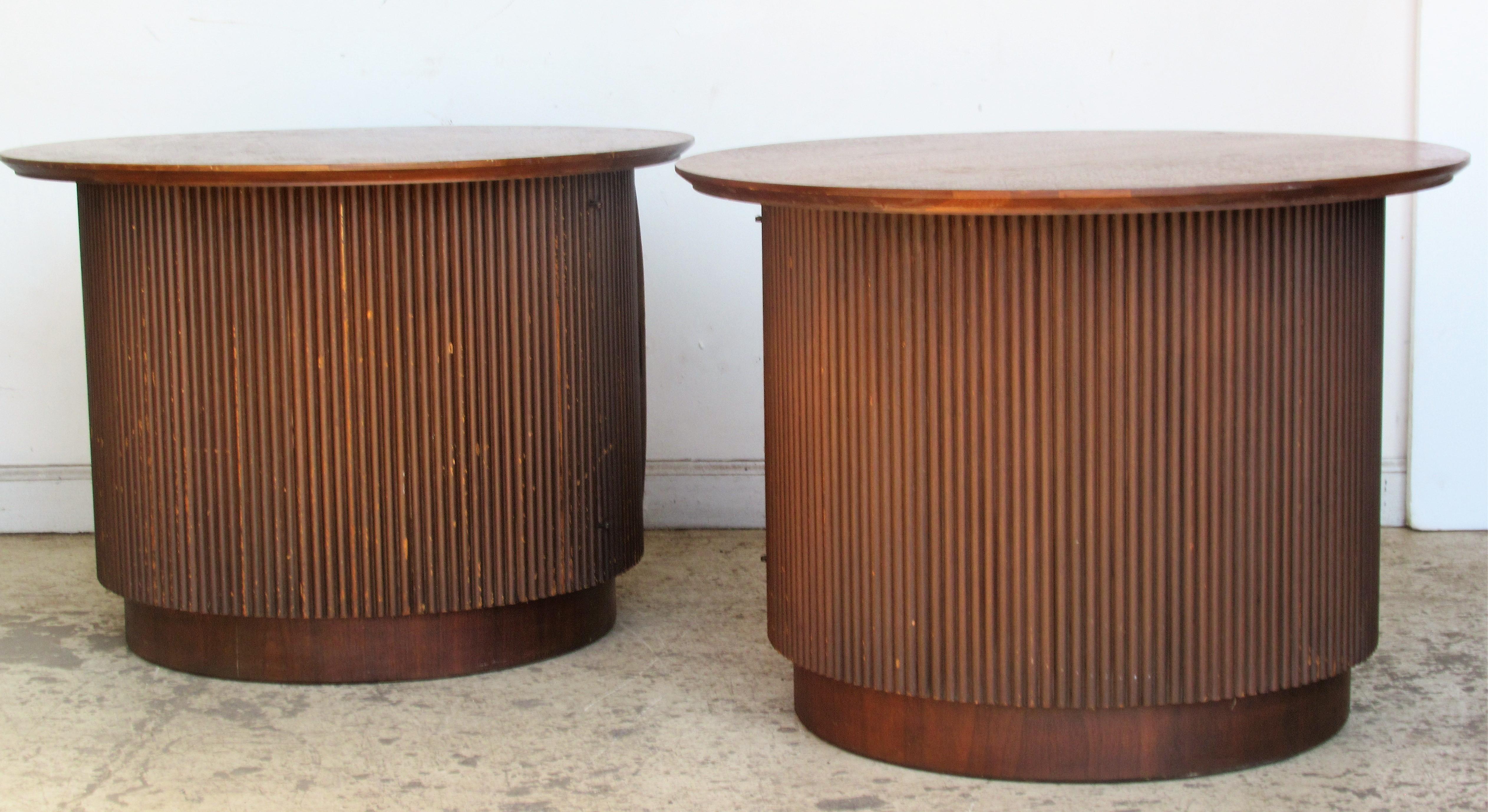 Mid-Century Modern  Tambour Door Walnut Drum Table Cabinets