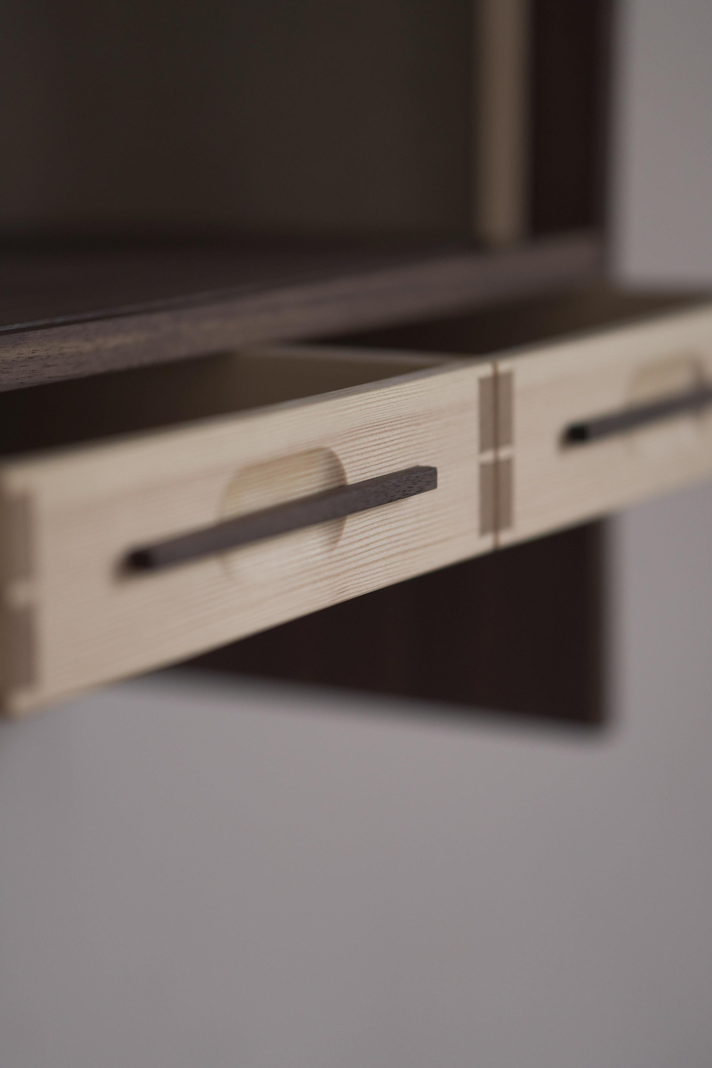 Scandinavian Modern Tambour Coffee Cabinet. Walnut and Pine Wall Cabinet For Sale