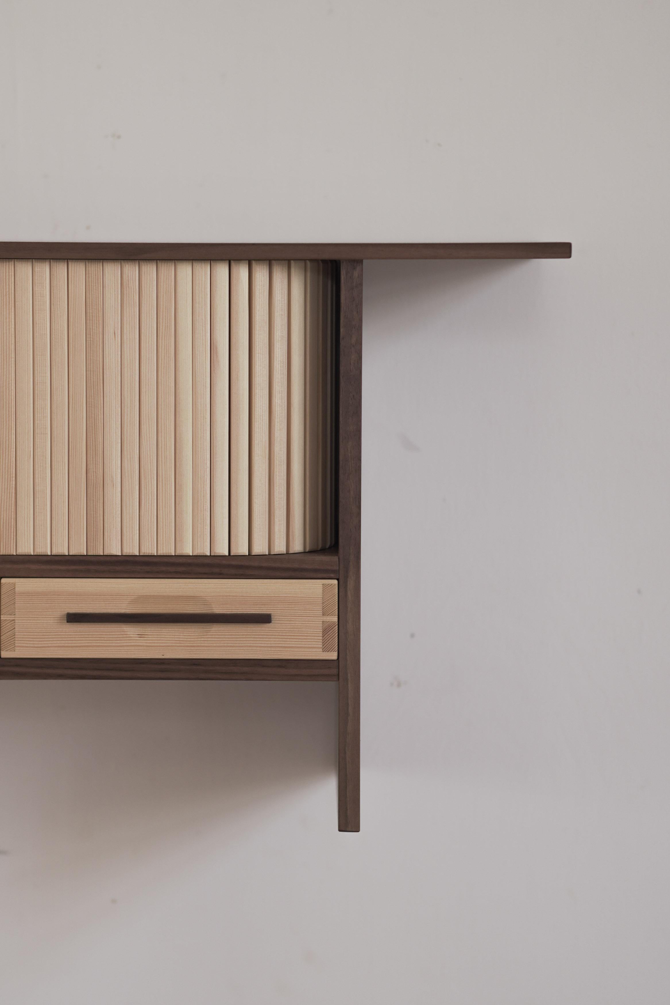 Tambour Coffee Cabinet. Walnut and Pine Wall Cabinet In New Condition For Sale In Habo, SE