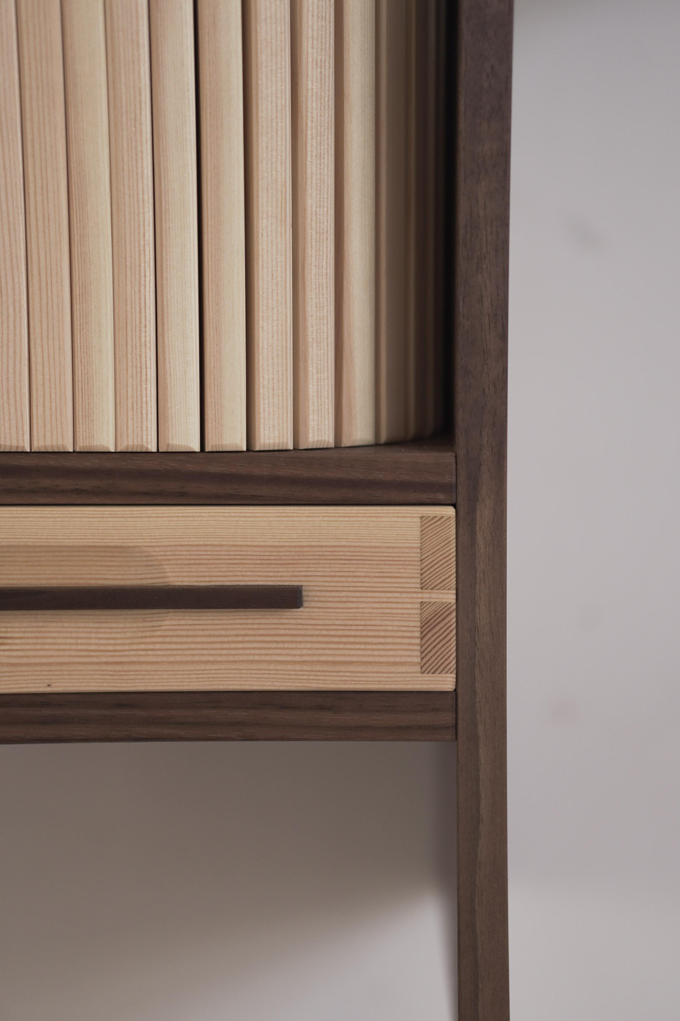 Contemporary Tambour Coffee Cabinet. Walnut and Pine Wall Cabinet For Sale