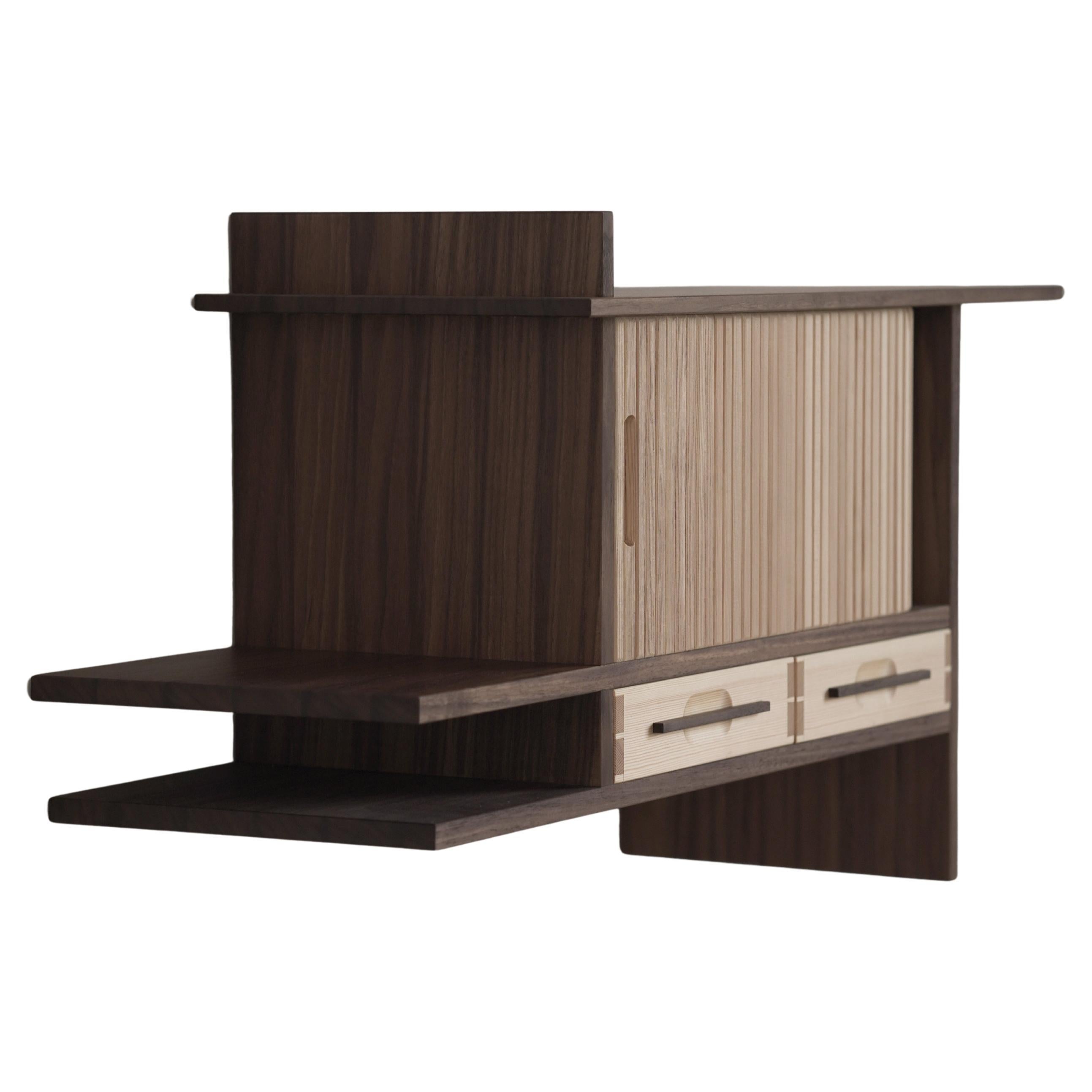 Meuble à café Tambour. Armoire murale en noyer et pin