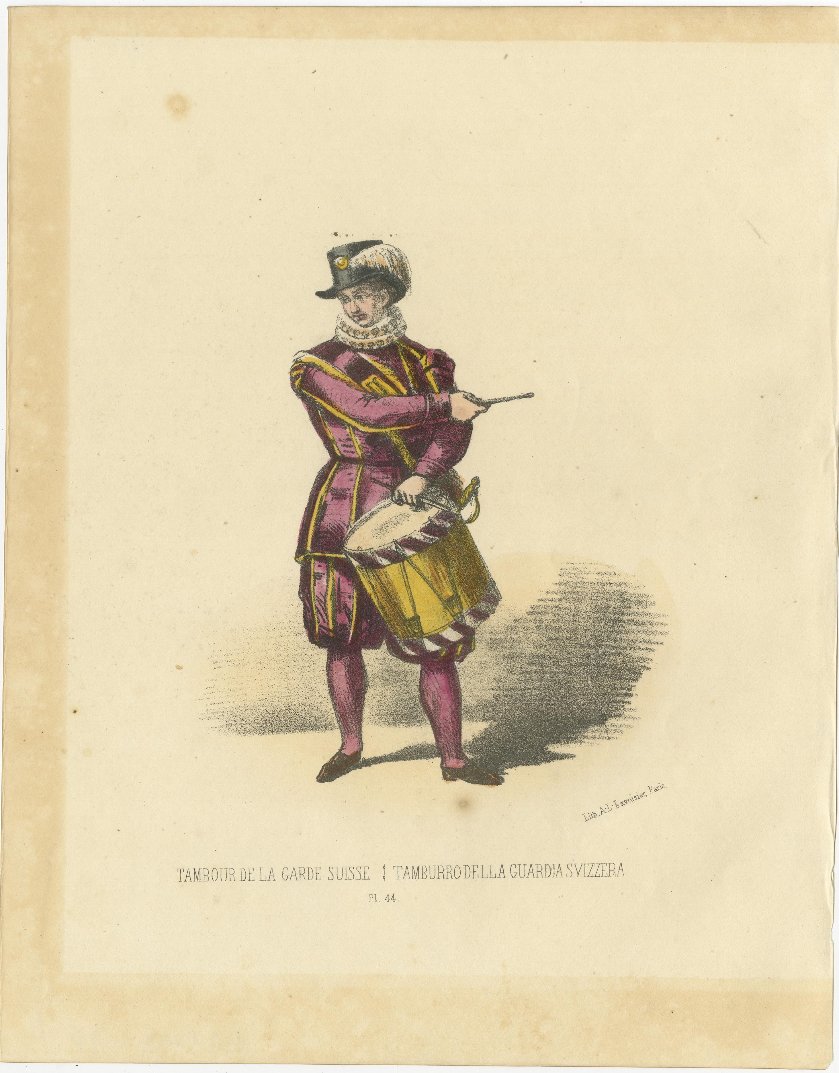 Tambour de la Garde Suisse (garde de la Garde suisse), plaque 44, 1862  

Cette vibrante lithographie coloriée à la main, *Tambour de la Garde Suisse*, planche 44 de l'*Album ou Collection Complète, et Historique des Costumes de la Cour de Rome* de