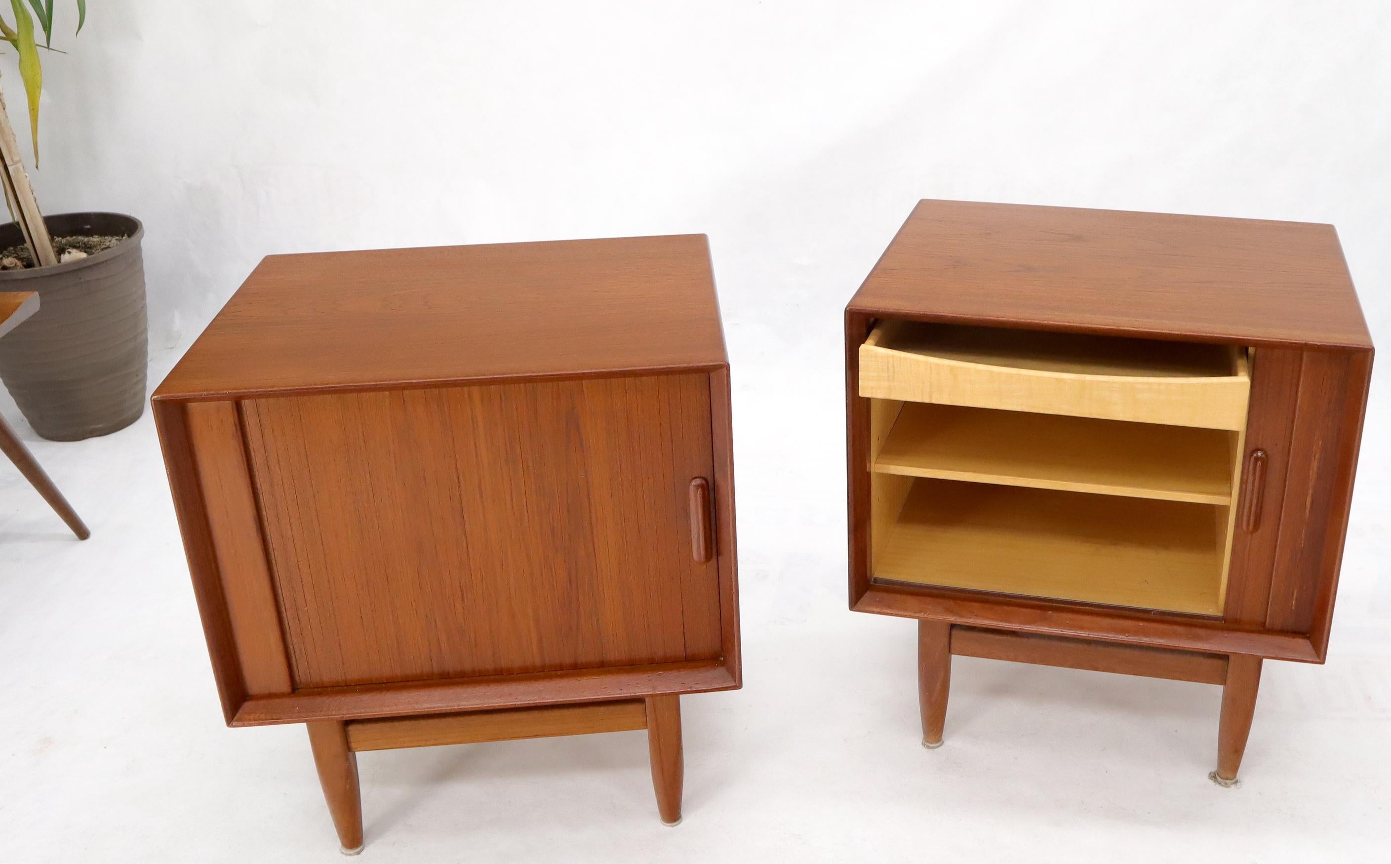 Danish modern teak tambour doors end tables cabinets nightstands with finished backs.