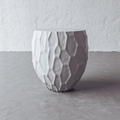 "Tambour" Hand-Sculpted Plaster Side Table in Vintage Whit by Christiane Lemieux