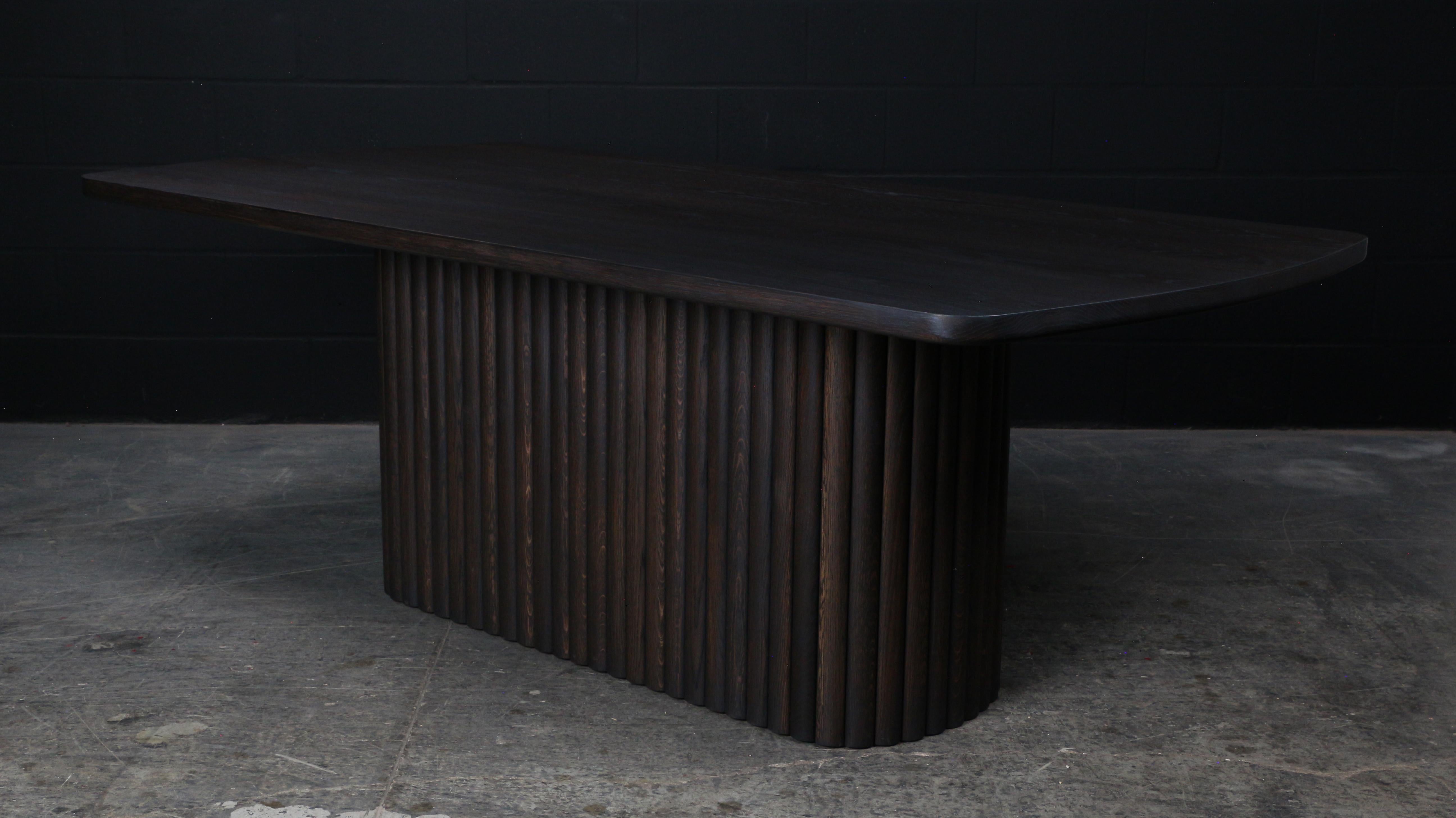 Tambour Pedestal Dining Table, by Ambrozia, Solid Dark Oak  In New Condition For Sale In Drummondville, Quebec