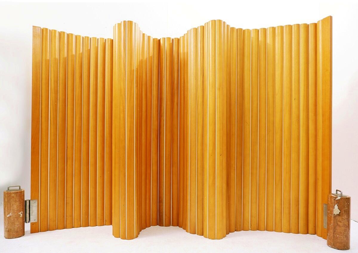 Tambour Screen Room Divider in Solid golden mahogany & Rosso Verona Marble For Sale 9