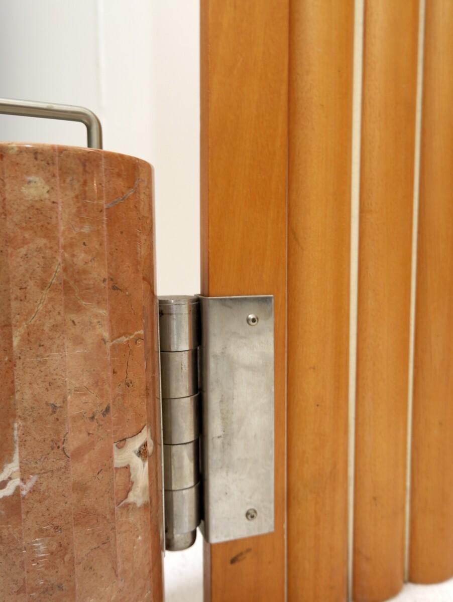 Metal Tambour Screen Room Divider in Solid golden mahogany & Rosso Verona Marble For Sale