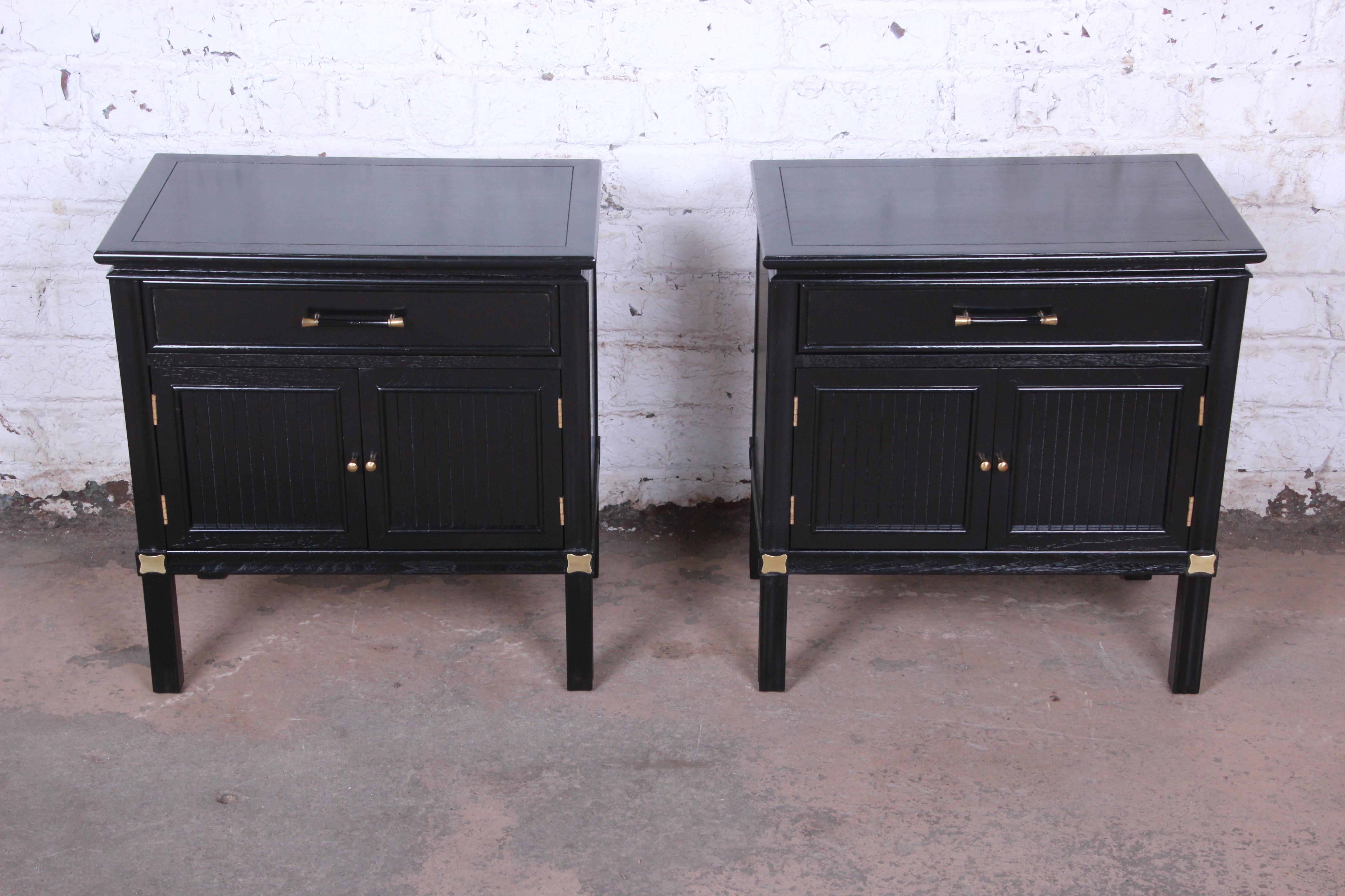 Mid-Century Modern Tamerlane Collection Hollywood Regency Chinoiserie Ebonized Nightstands, Pair