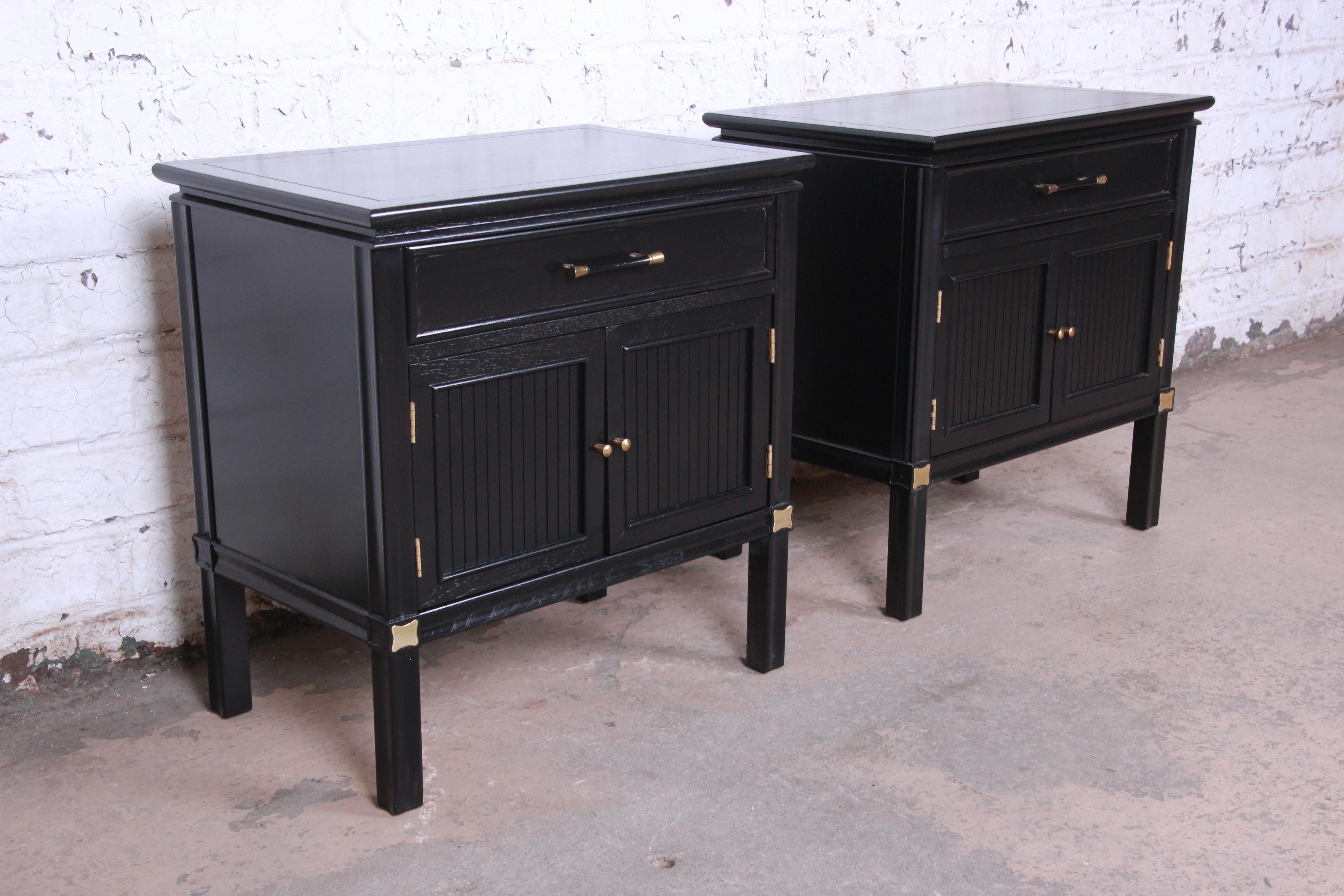 American Tamerlane Collection Hollywood Regency Chinoiserie Ebonized Nightstands, Pair