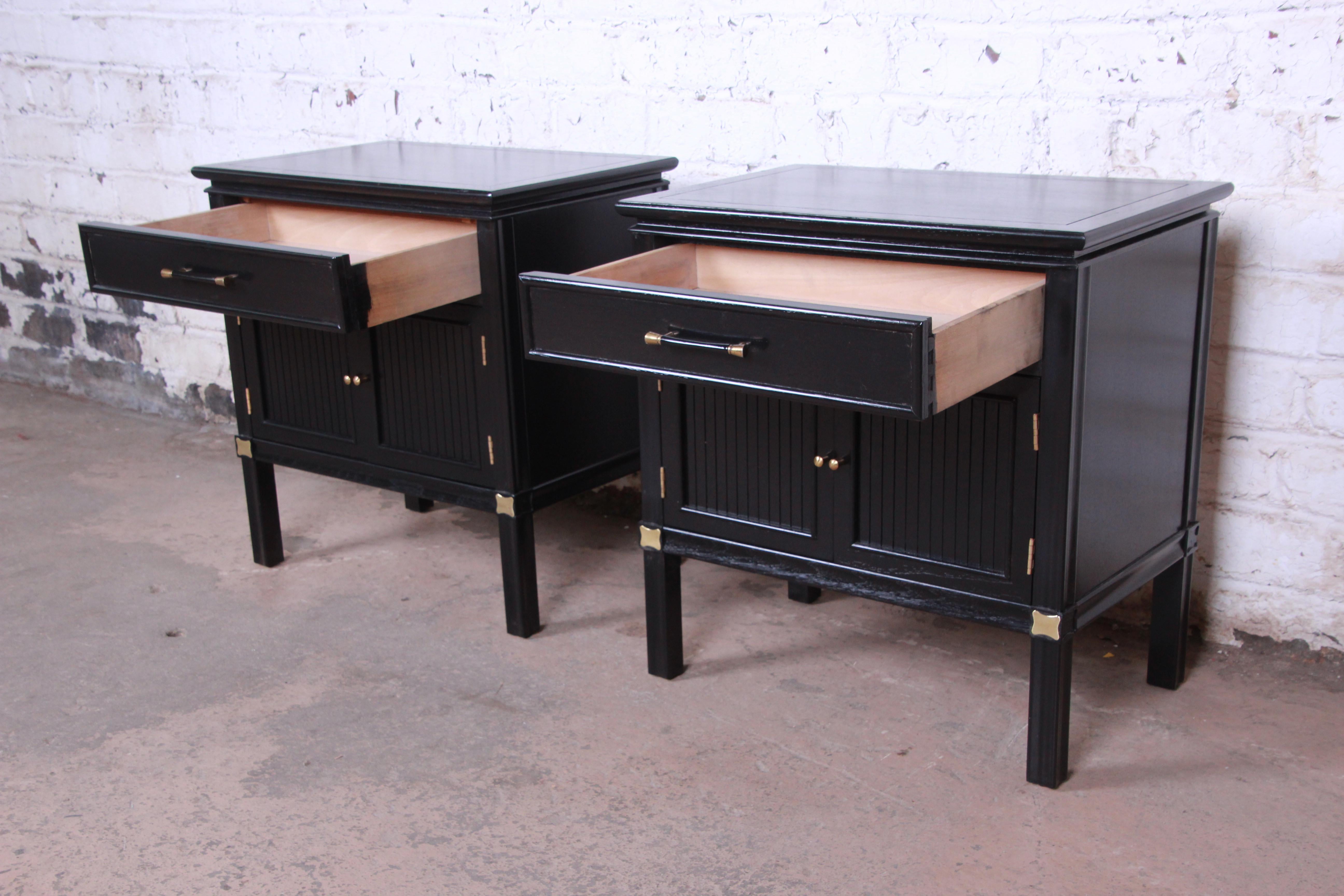 Brass Tamerlane Collection Hollywood Regency Chinoiserie Ebonized Nightstands, Pair
