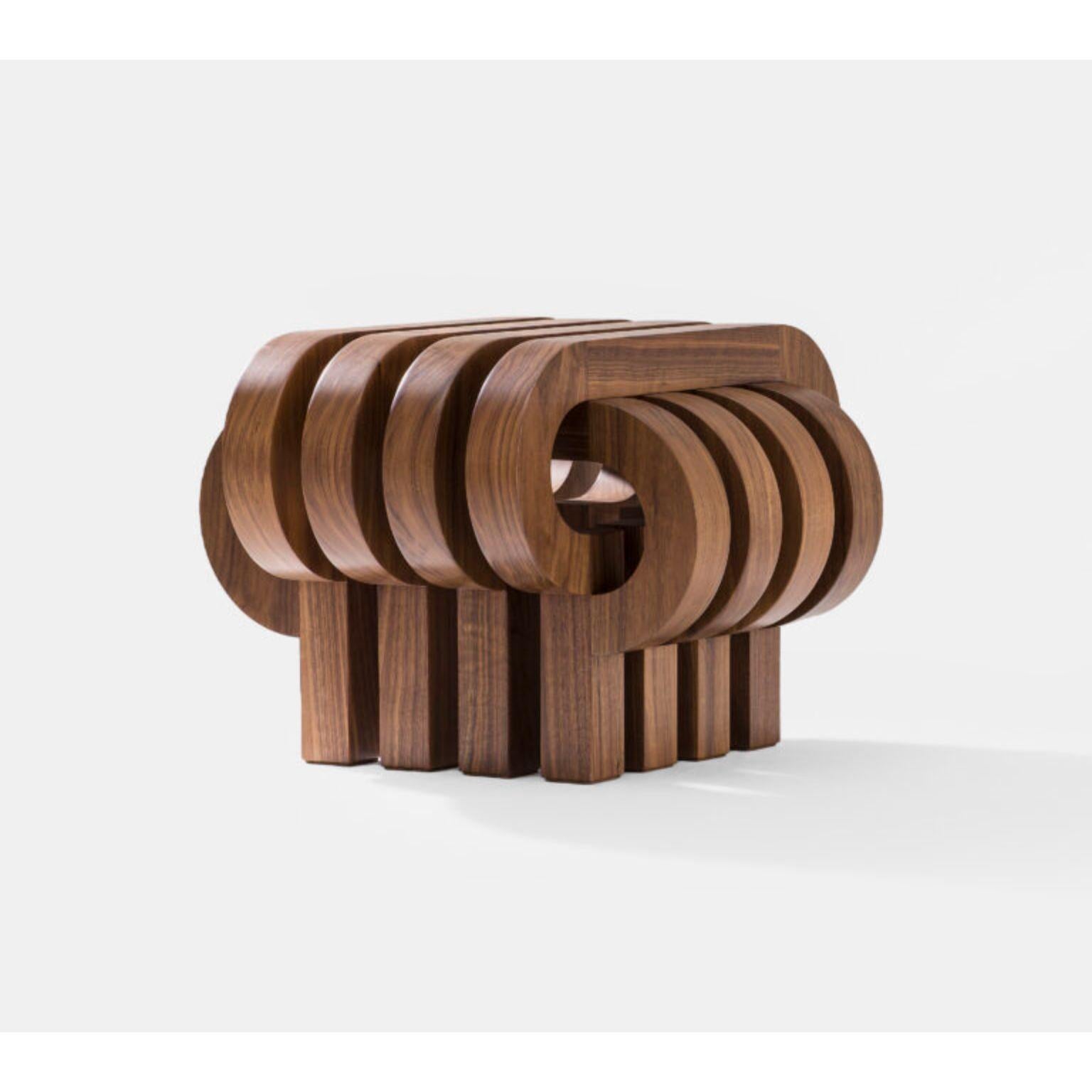 Tamga American Walnut Stool by Tolga Sencer
Dimensions: D 55.5 x W 55.5 x H 40 cm.
Materials: American walnut.

Available in different wood options (massive american walnut, massive wenge, oak, afromosia or black lacquer with stainless steel
