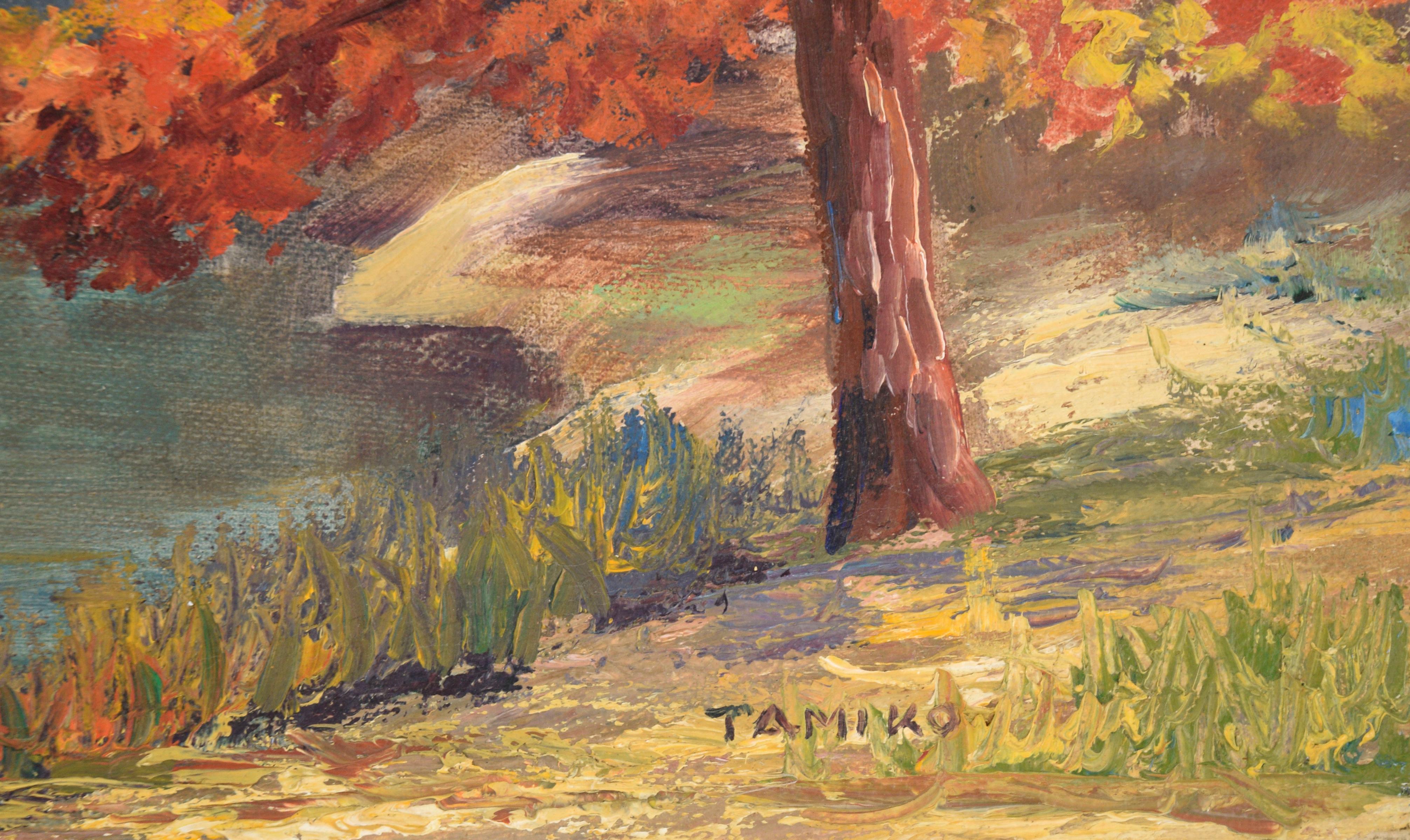 Autumn by the Stream - Landscape - Brown Landscape Painting by Tamiko Oberholtzer