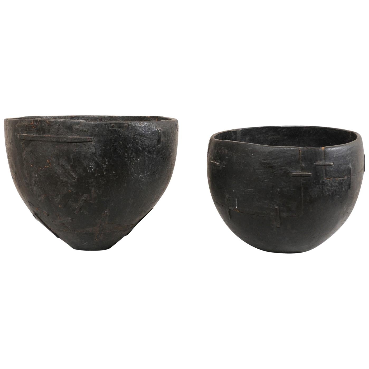 Tamil Nadu, South Indian Carved Wood Water Buckets, Early 20th Century For Sale