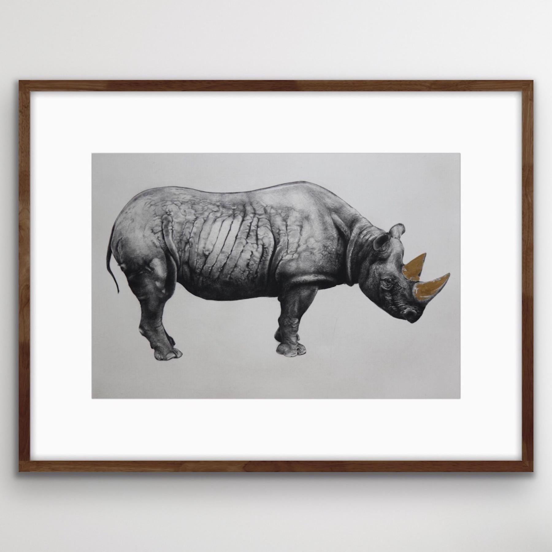 Rhinoceros (State II), Wild Animal Art, Realist Art, Black white and gold art - Gray Animal Print by Tammy Mackay