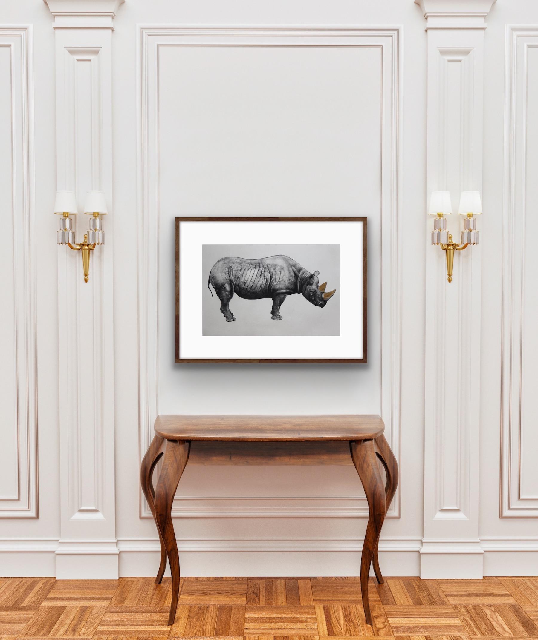Rhinoceros (State II), Wild Animal Art, Realist Art, Black white and gold art For Sale 2