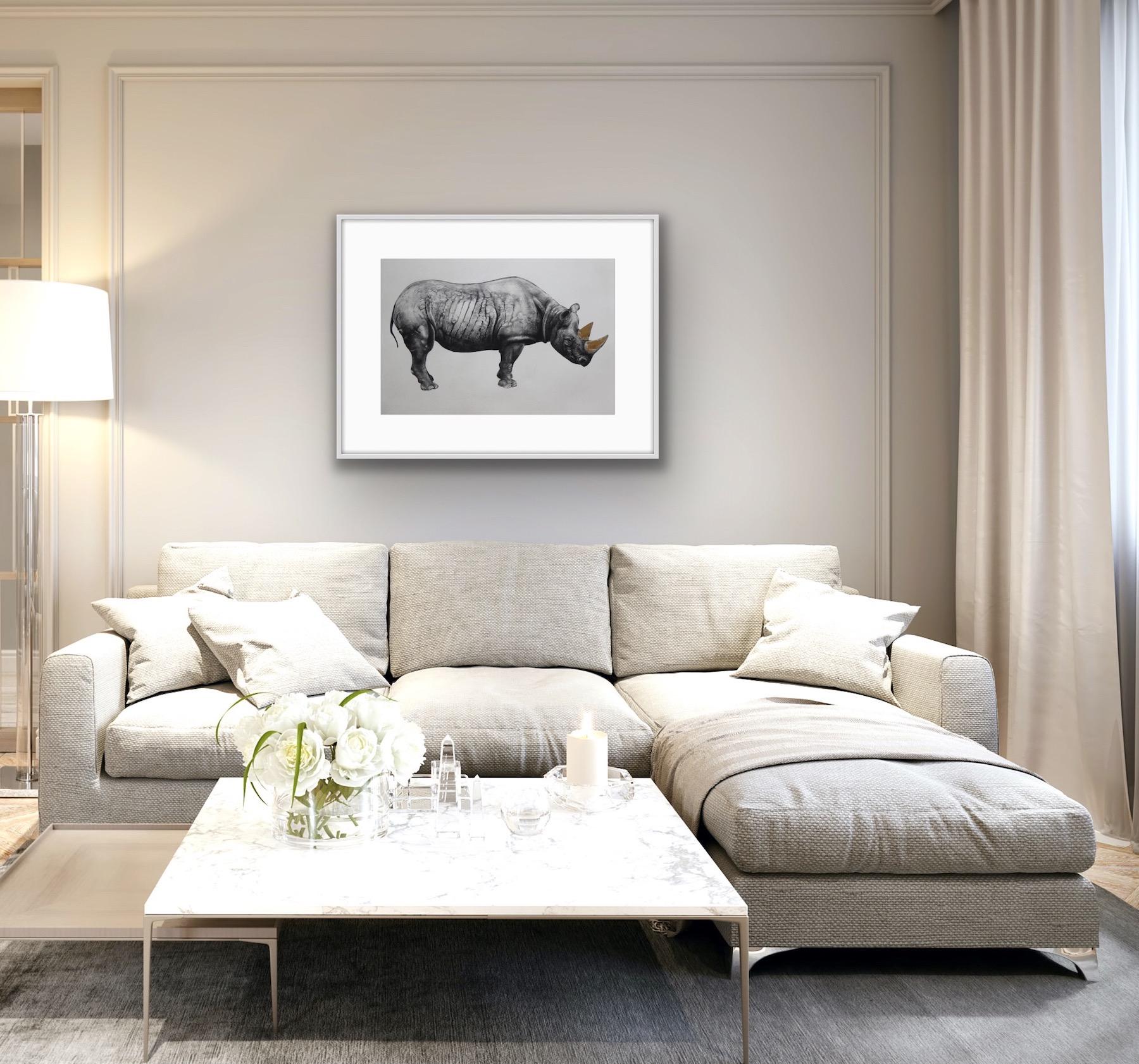 Rhinoceros (State II), Wild Animal Art, Realist Art, Black white and gold art For Sale 3