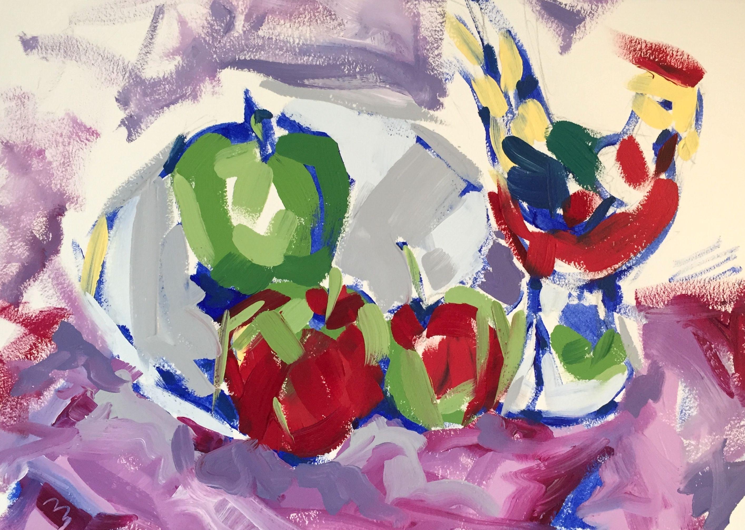 Still-Life Painting Tammy Silbermann - Peinture « faisan et pommes », huile sur papier