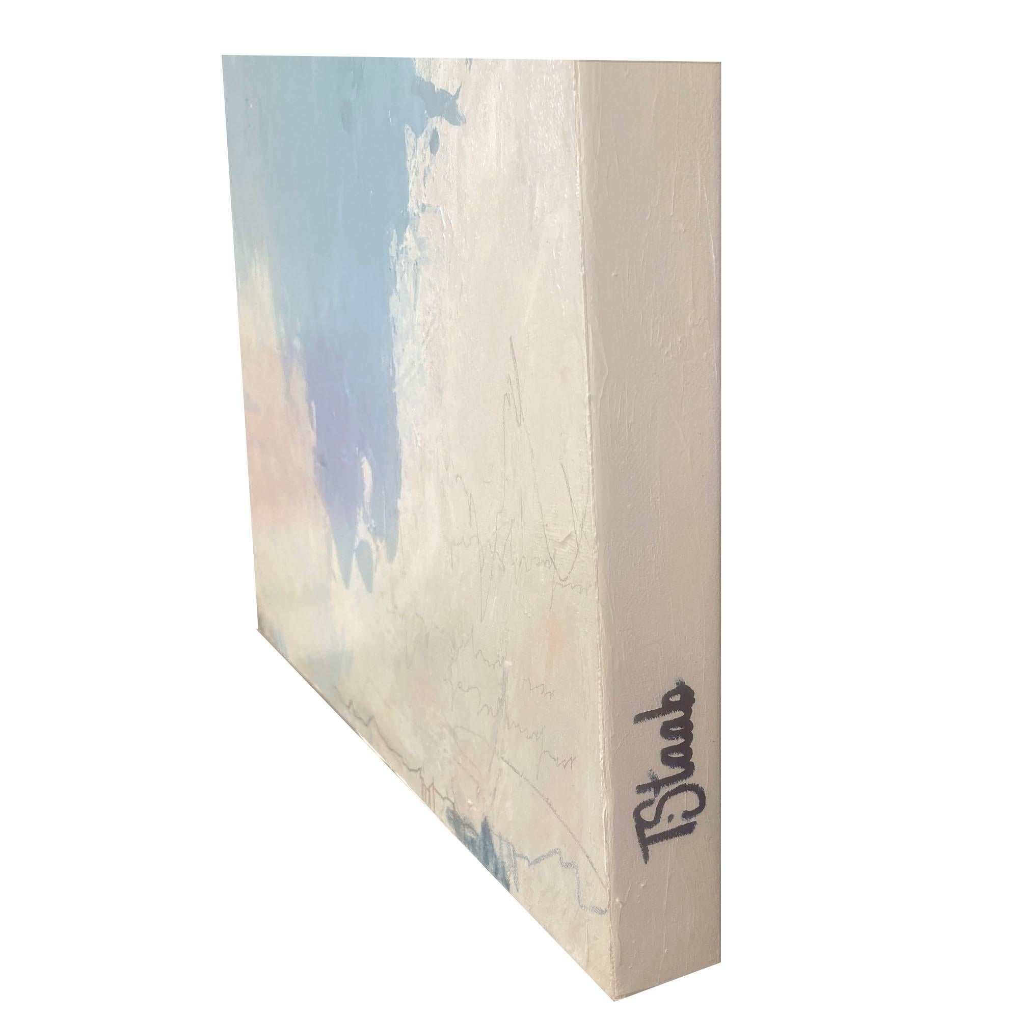 'Rippled Sky' Wrapped Canvas Original Painting features a vibrant abstract aesthetic in tones of blue, white, beige, and green. Inspired by nature and Bible verse Samuel 1:11, Tammy Keller’s positivity and light radiates through her artwork.