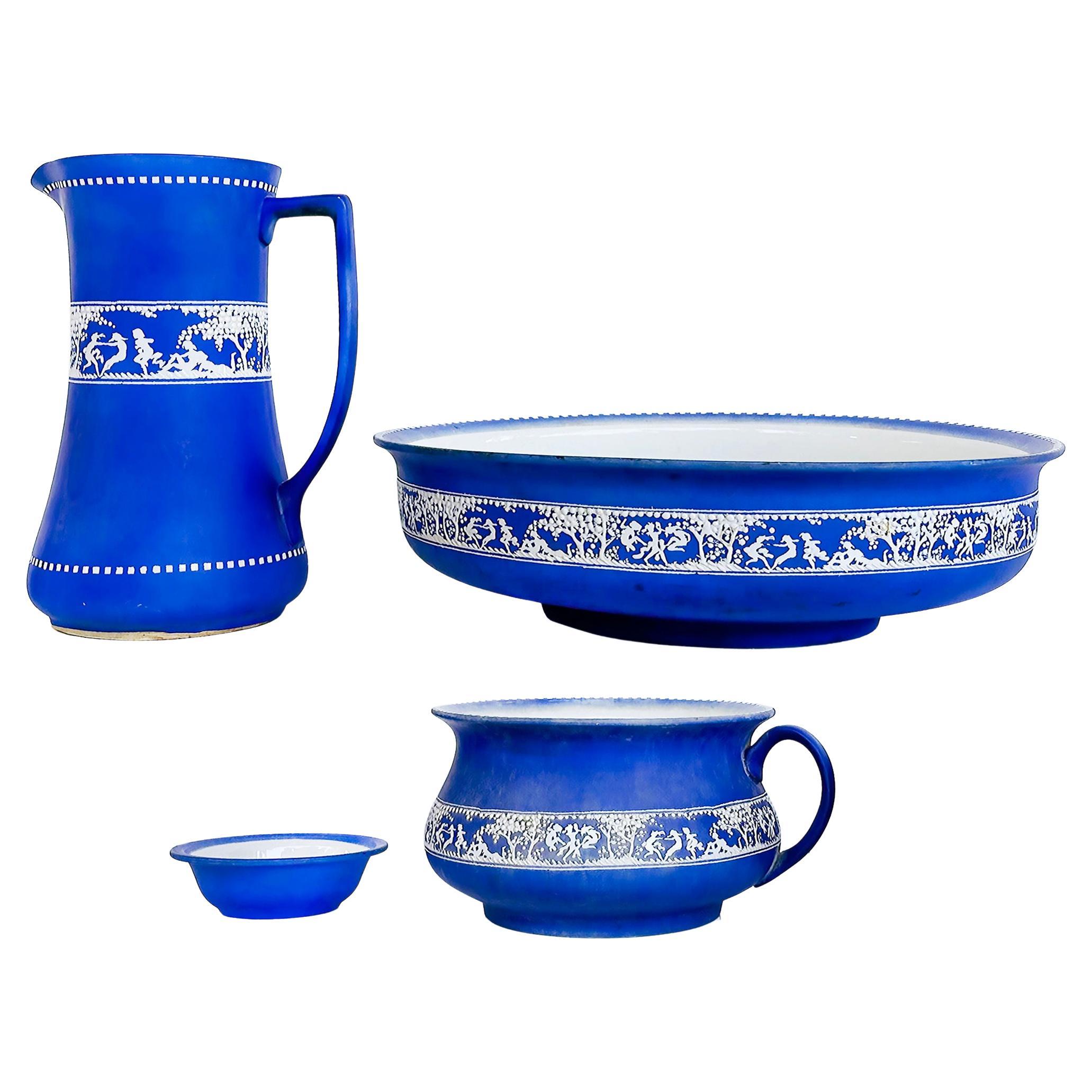 "Tams" Ware Jasperware Bowl Pitcher Set John Tams Ltd., England, Blue and White For Sale