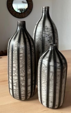 3 Raku Striped Bottles, Ceramic on stone, Stripped, Bottles, Modern 