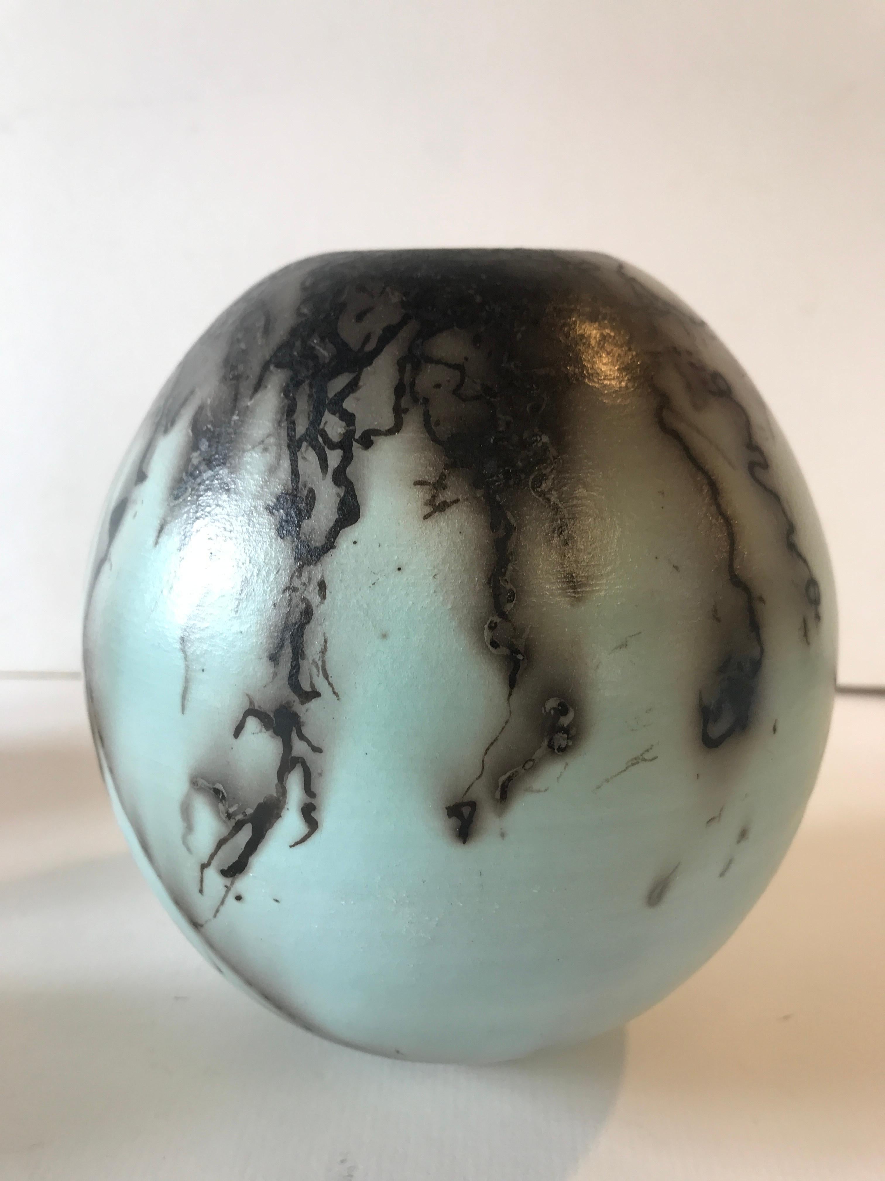 Tamsin Levene Abstract Sculpture - Duck Egg Blue Horse Hair Raku Ball Vase - Large, Ceramic, Sculpture, Egg, Blue