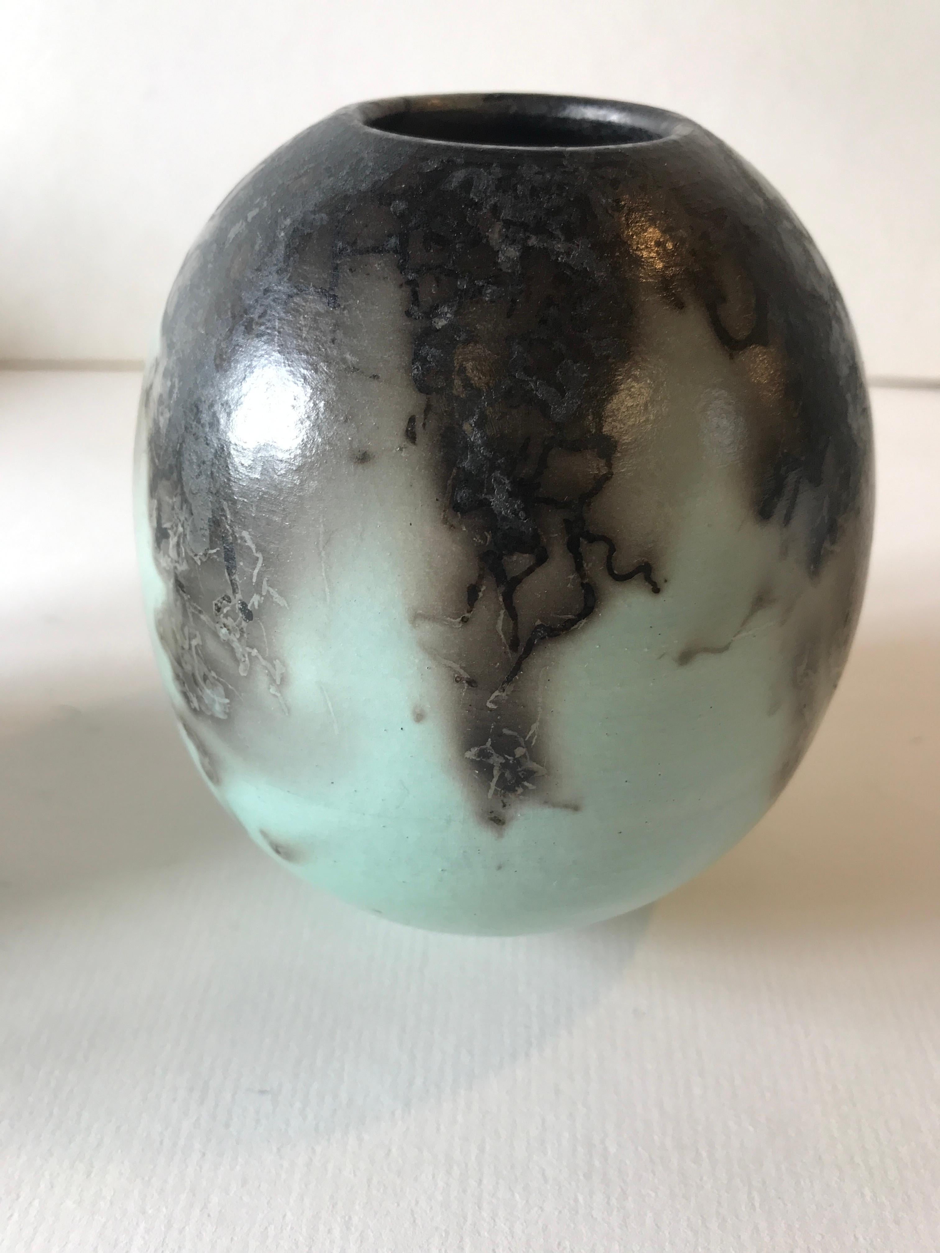 Duck Egg Blue Horse Hair Raku Ball Vase - Medium, Ceramic, Sculpture, Egg, Blue - Gray Abstract Sculpture by Tamsin Levene