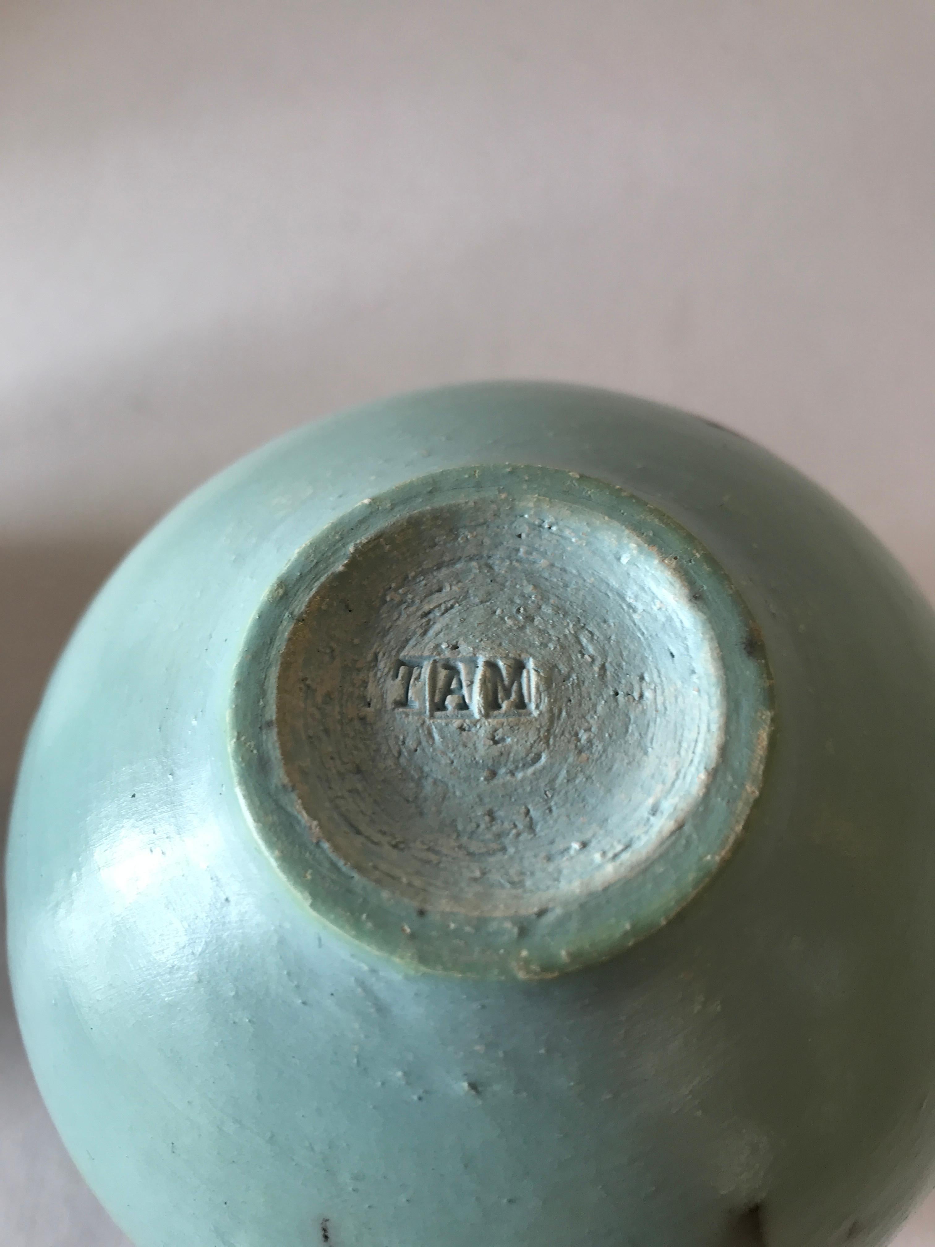 Duck Egg Blue Horse Hair Raku Ball Vase - Medium, Ceramic, Sculpture, Egg, Blue For Sale 3