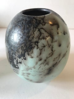 Used Duck Egg Blue Horse Hair Raku Ball Vase - Medium, Ceramic, Sculpture, Egg, Blue