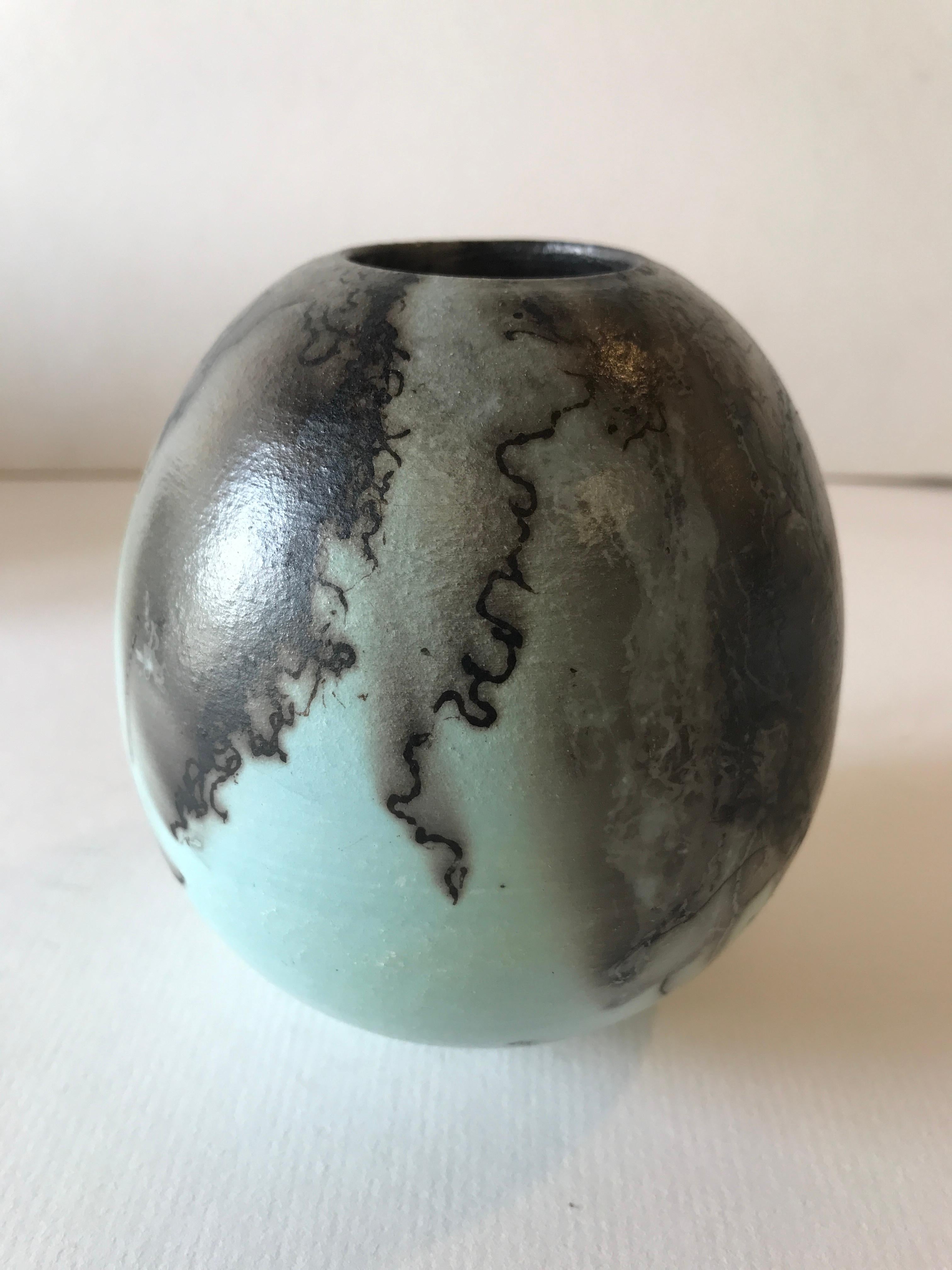 Duck Egg Blue Horse Hair Raku Ball Vase - Small, Ceramic, Sculpture, Egg, Blue