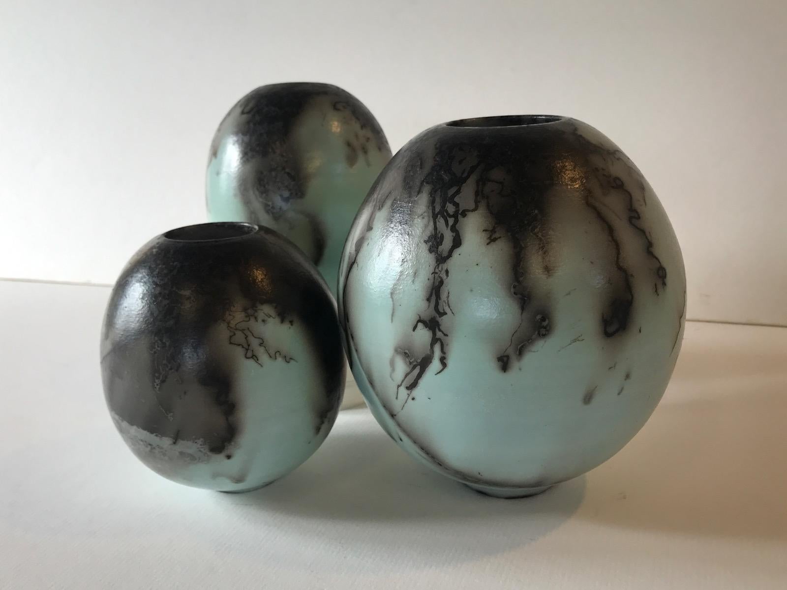 Three Duck Egg Blue Horse Hair Rak, Ceramic on stone, Stripped, Modern - Sculpture by Tamsin Levene