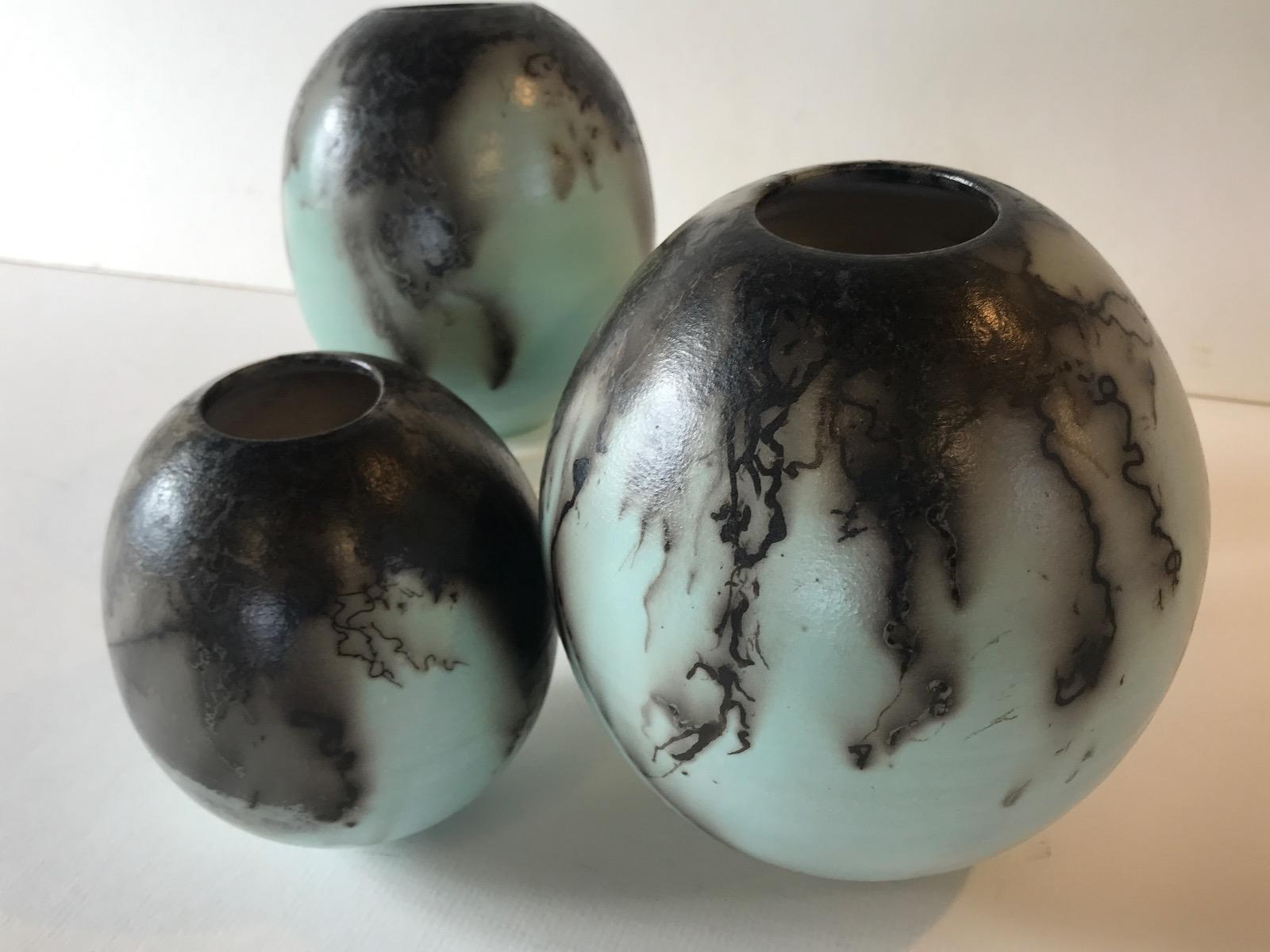 Three Duck Egg Blue Horse Hair Rak, Ceramic on stone, Stripped, Modern - Contemporary Sculpture by Tamsin Levene