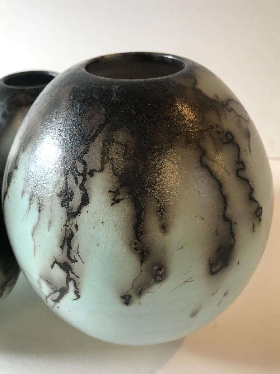 Three Duck Egg Blue Horse Hair Rak, Ceramic on stone, Stripped, Modern For Sale 1