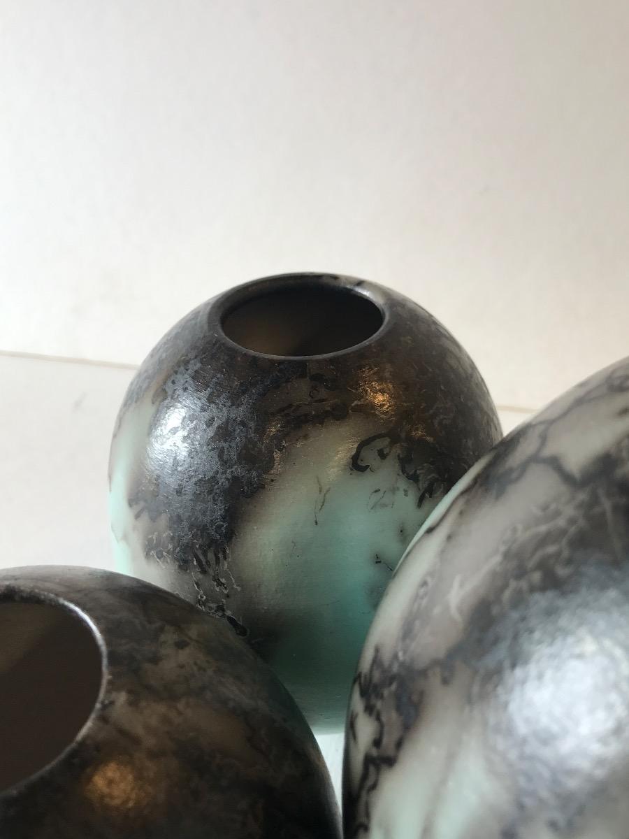 Three Duck Egg Blue Horse Hair Rak, Ceramic on stone, Stripped, Modern For Sale 2