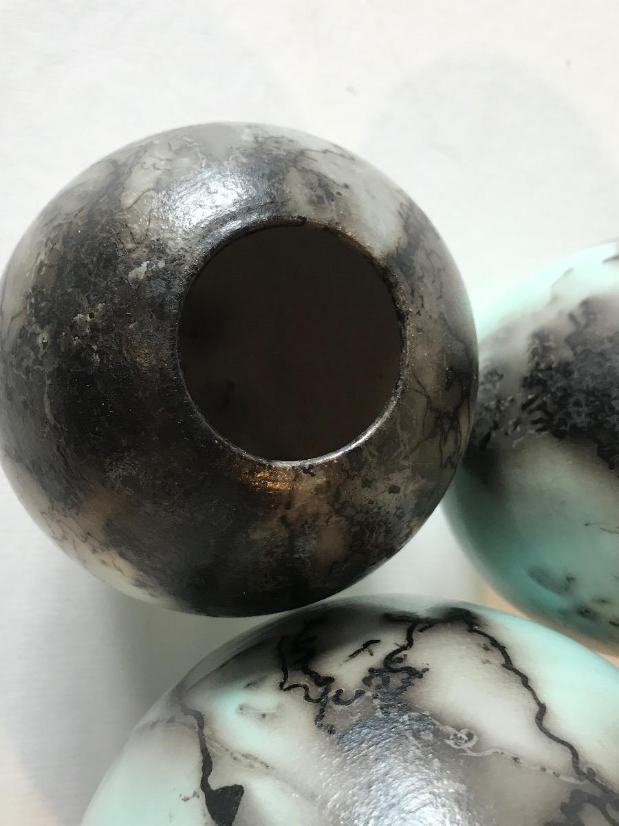 Three Duck Egg Blue Horse Hair Rak, Ceramic on stone, Stripped, Modern For Sale 4