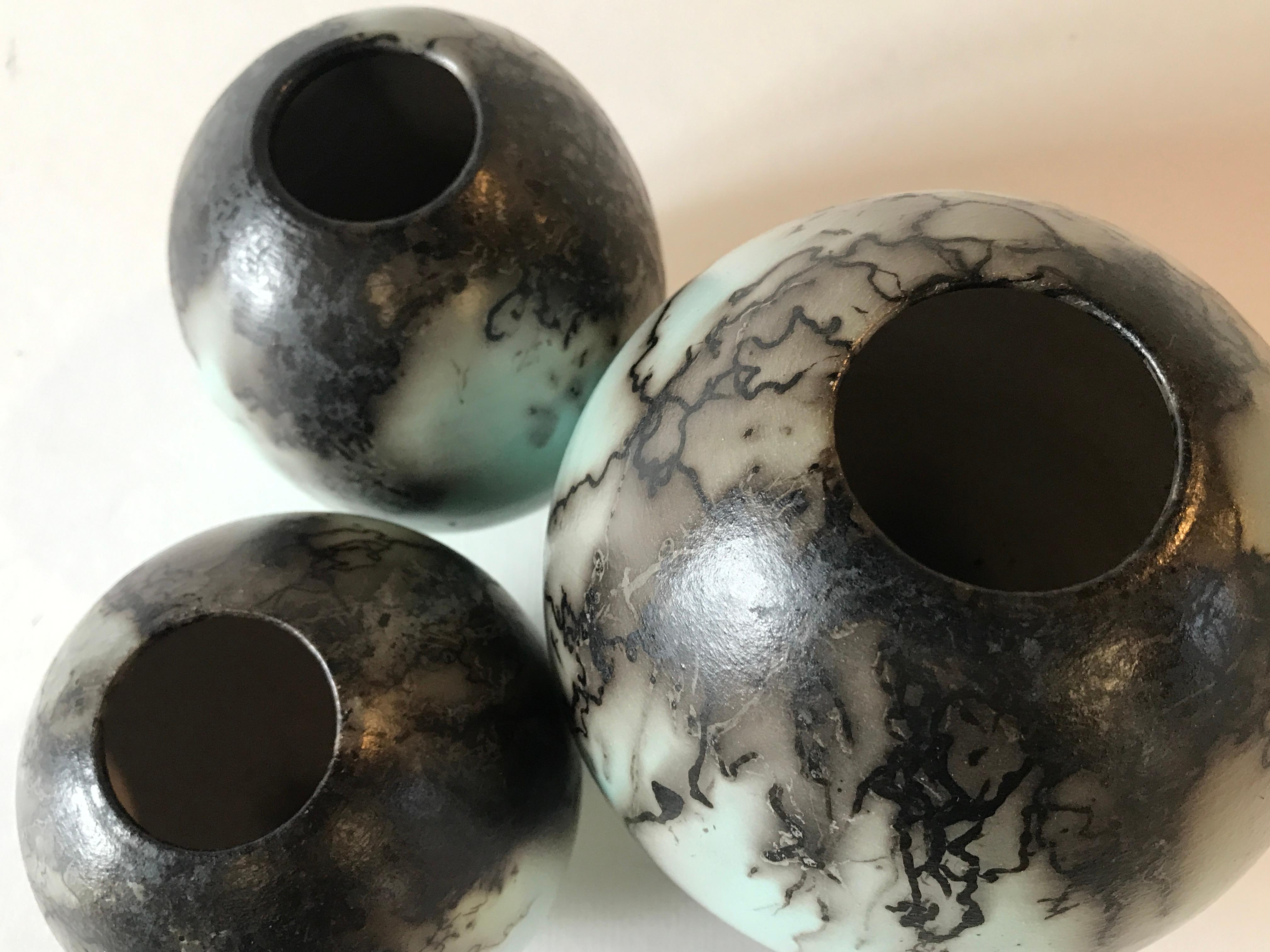 Three Duck Egg Blue Horse Hair Raku Ball Vases, Ceramic, Sculpture, Egg, Blue For Sale 8