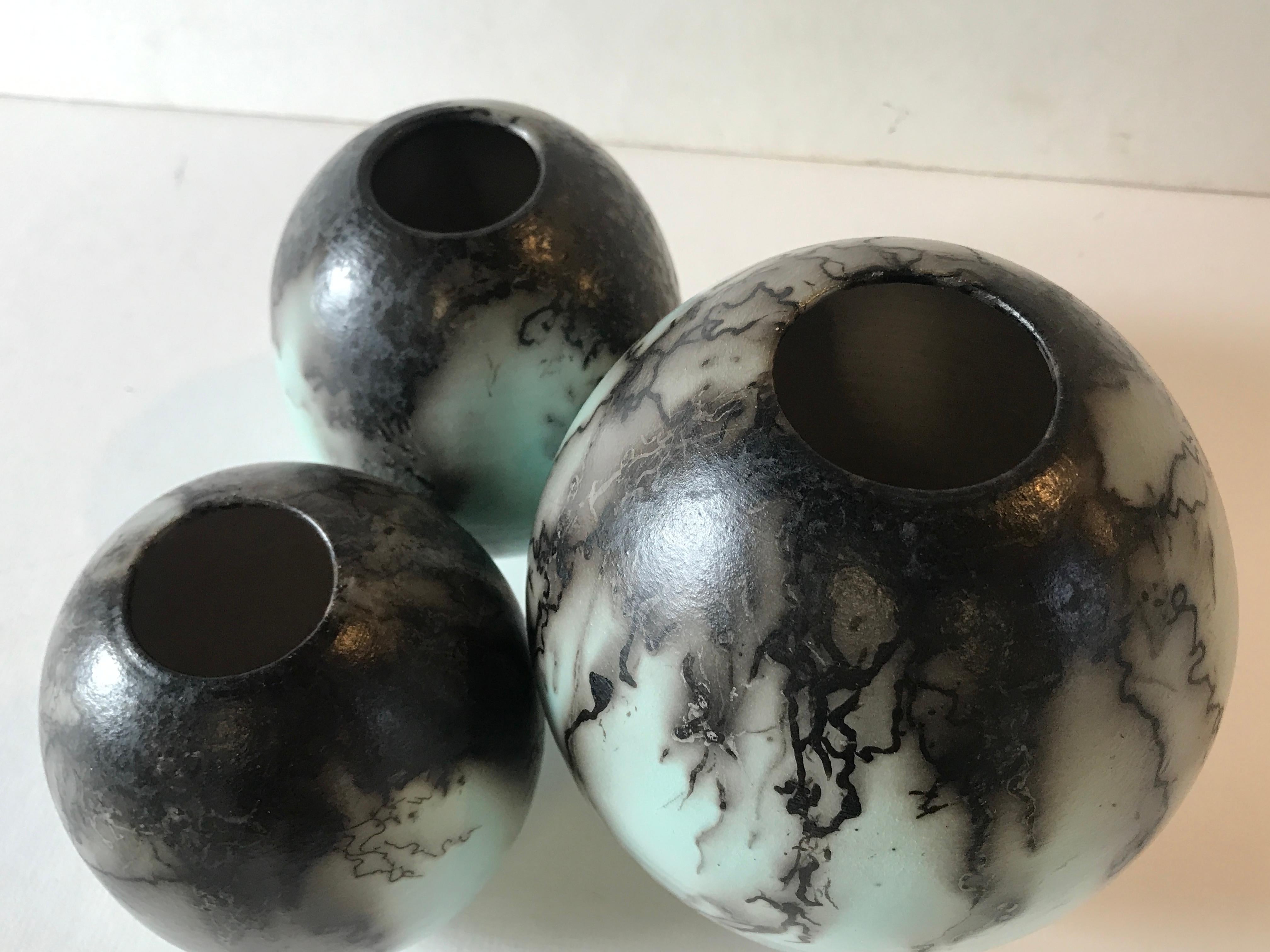 Three Duck Egg Blue Horse Hair Raku Ball Vases, Ceramic, Sculpture, Egg, Blue For Sale 1