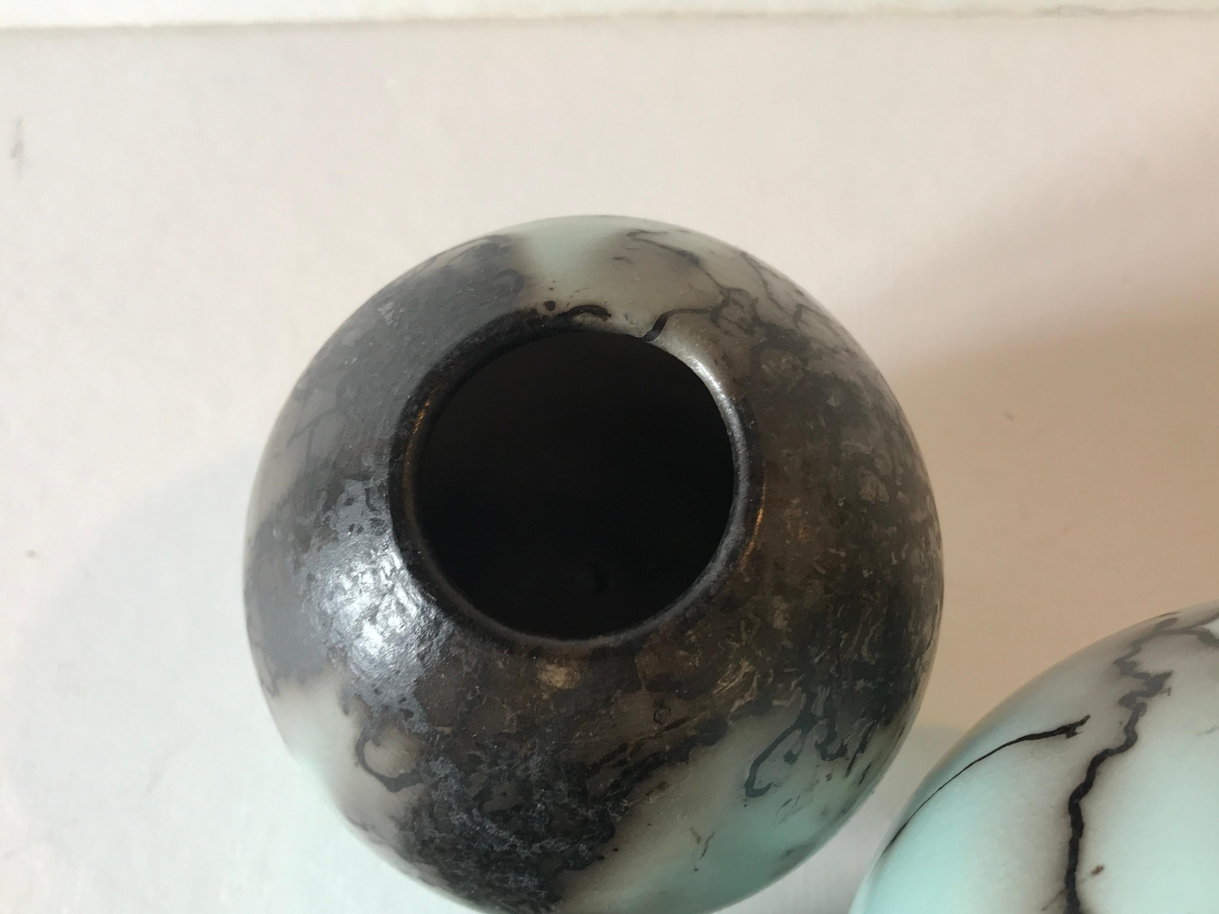 Three Duck Egg Blue Horse Hair Raku Ball Vases, Ceramic, Sculpture, Egg, Blue For Sale 6