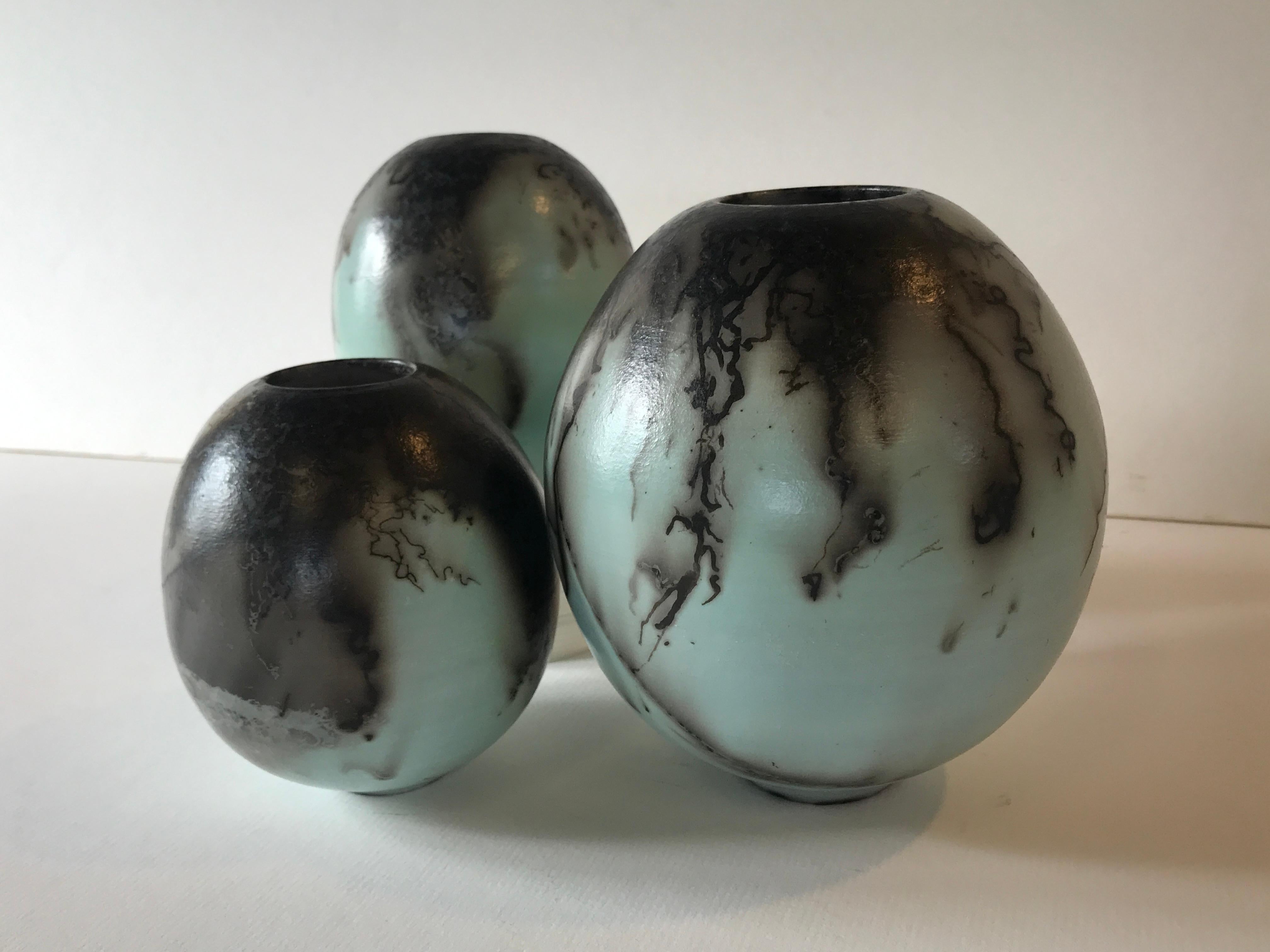 Tamsin Levene Abstract Sculpture - Three Duck Egg Blue Horse Hair Raku Ball Vases, Ceramic, Sculpture, Egg, Blue