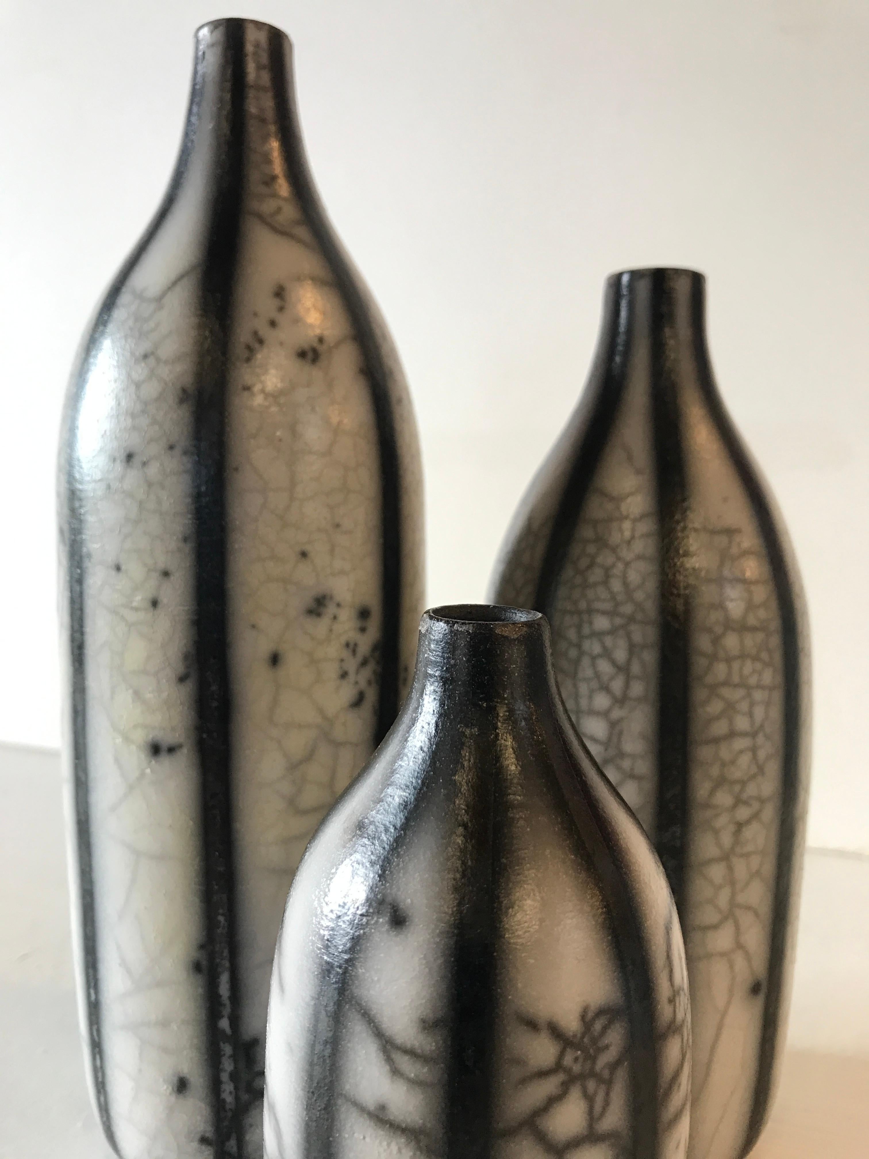 Three Raku Striped Bottles - Art Deco Sculpture by Tamsin Levene